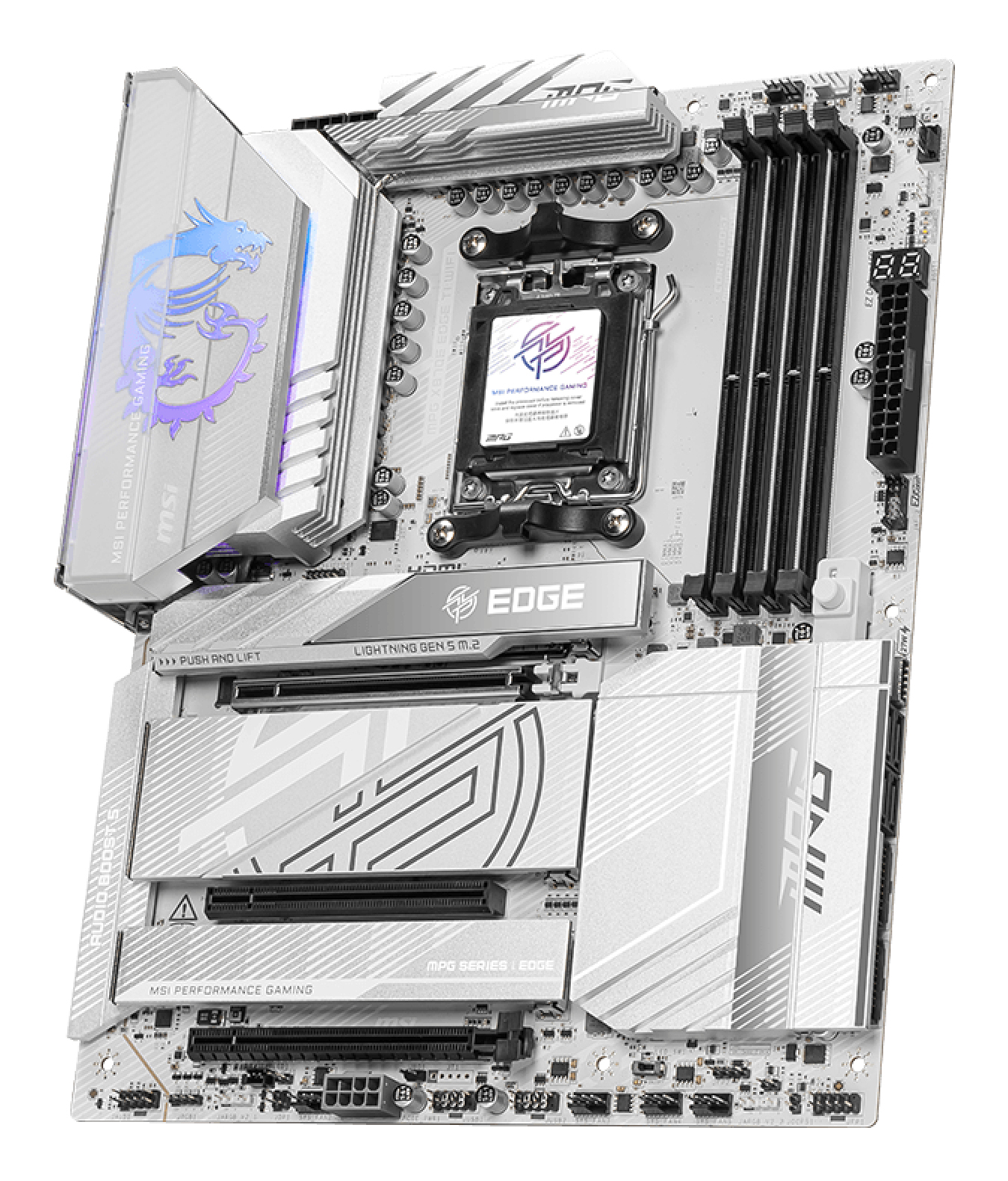 Biała płyta główna MSI serii MPG z logo smoka, różnymi gniazdami i złączami, widoczne słowo 'EDGE'.