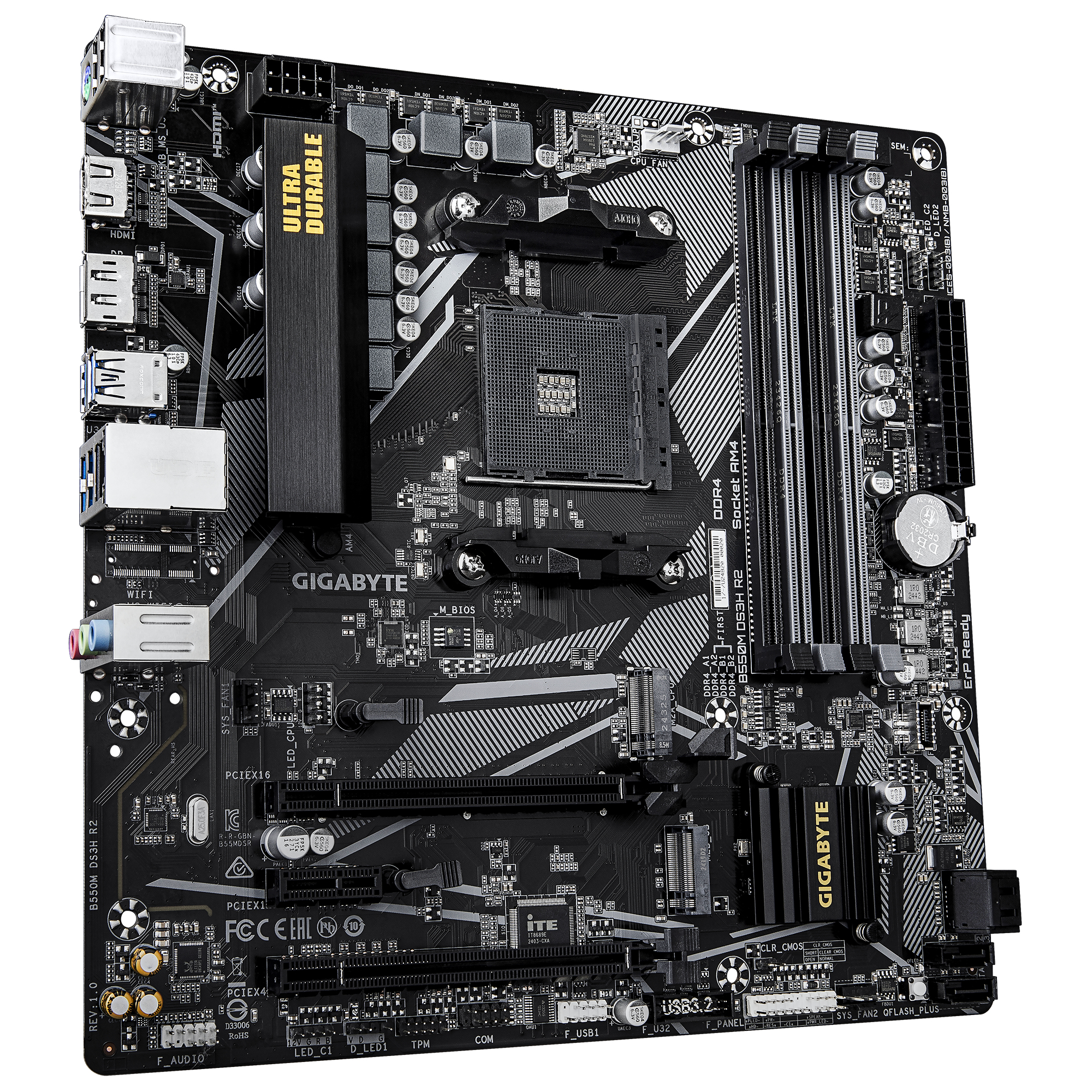 Czarna płyta główna Gigabyte B550M DS3H R2 z różnymi portami, gniazdami i logo Gigabyte.