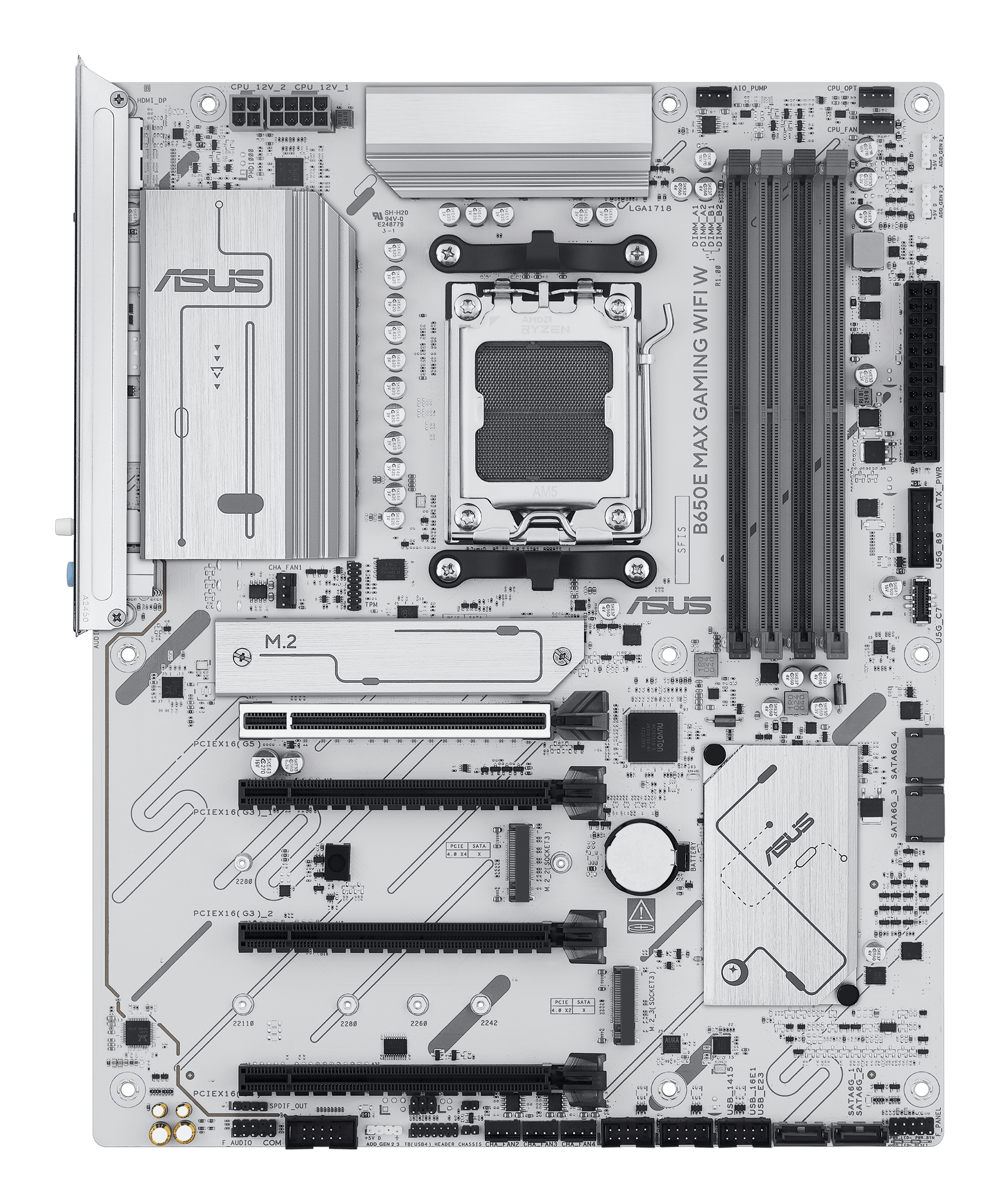 Biała płyta główna ASUS B650E MAX GAMING WIFI W z różnymi komponentami, w tym gniazdami i gniazdem CPU.