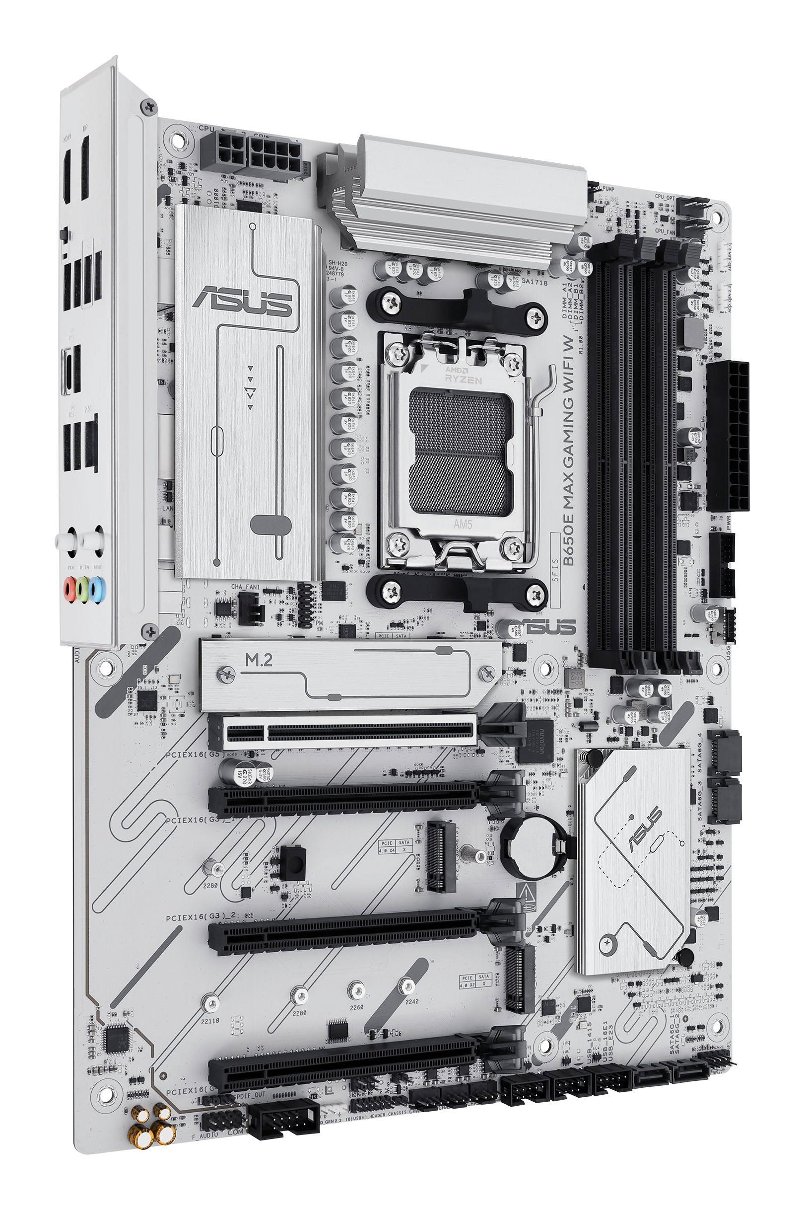Płyta główna z komponentami, srebrnymi radiatorami i logo ASUS. Widoczne czarne gniazda i złącza.