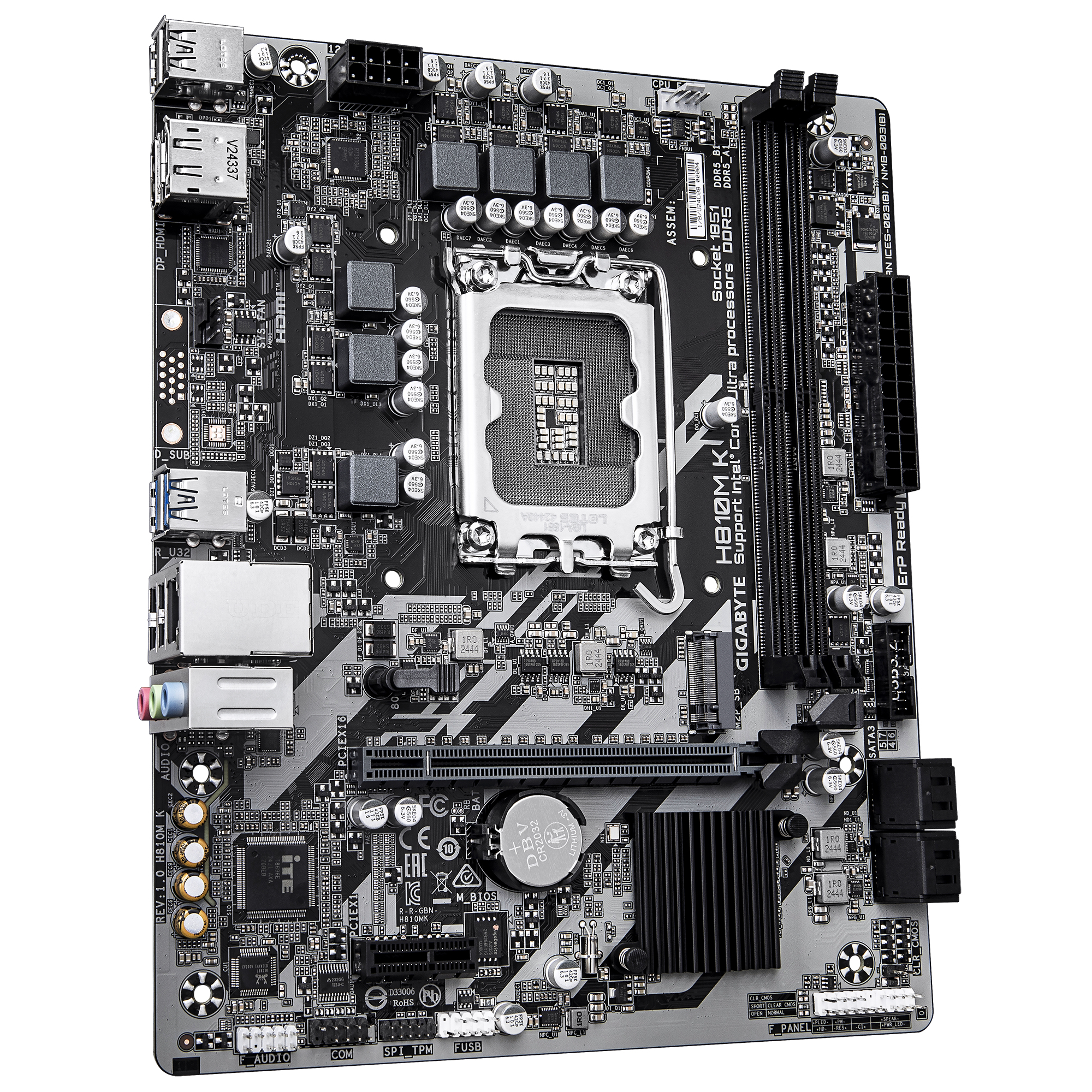 Een zwart en grijs computer moederbord. Het heeft verschillende componenten, waaronder slots en chips.