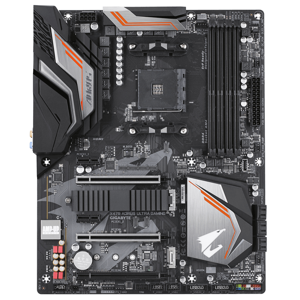 Schwarze Computer-Hauptplatine mit silbernen und orangen Akzenten. Verfügt über verschiedene Anschlüsse, Steckplätze und das AORUS-Logo.