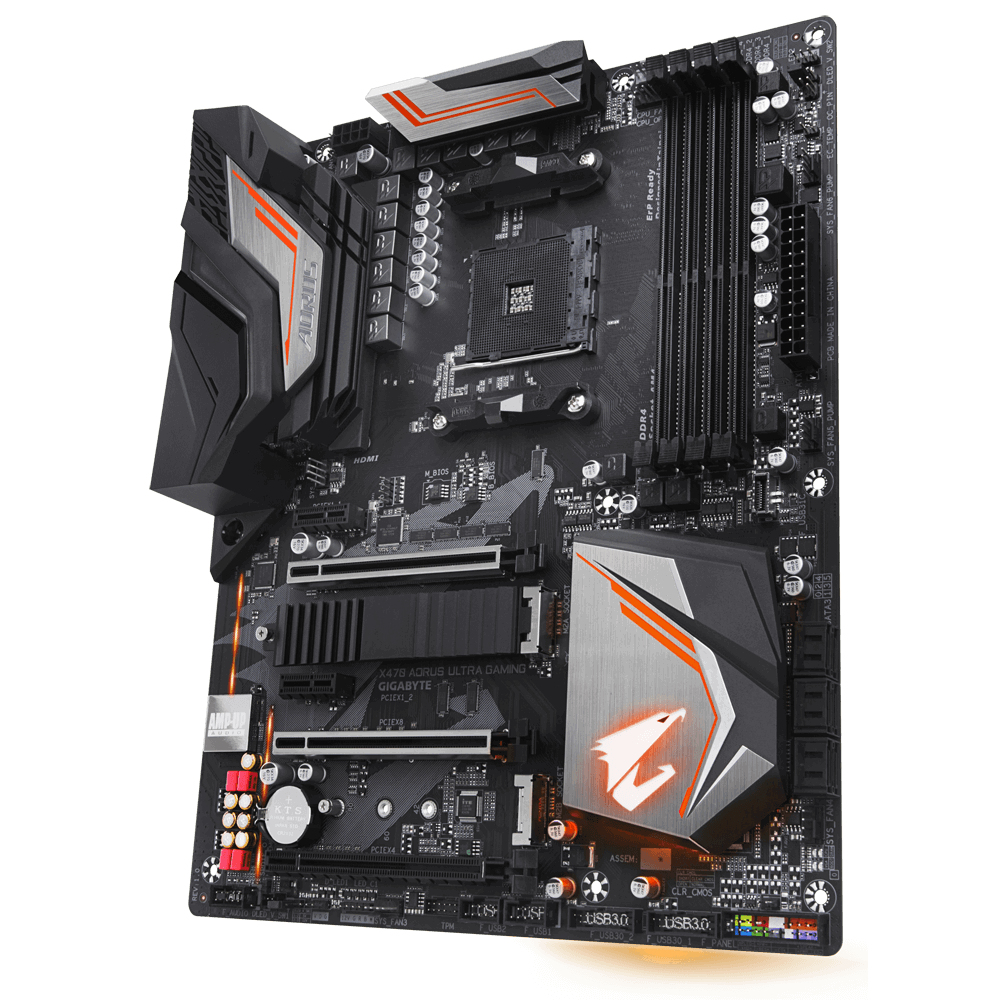 Schwarzes Motherboard mit orangefarbenen Akzenten. Mit dem AORUS-Logo. Komponenten umfassen Steckplätze, Anschlüsse und einen CPU-Sockel.