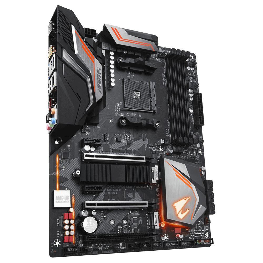 Ein schwarz-graues Motherboard mit orangefarbenen Akzenten. Das AORUS-Logo ist sichtbar. Es hat verschiedene Steckplätze und Anschlüsse.
