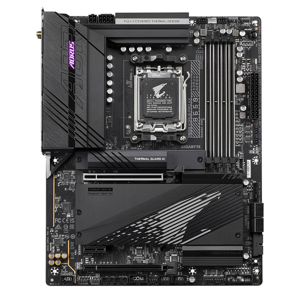 Una scheda madre AORUS B650 AORUS PRO AX nera. Presenta vari slot, connettori e il logo AORUS in viola.