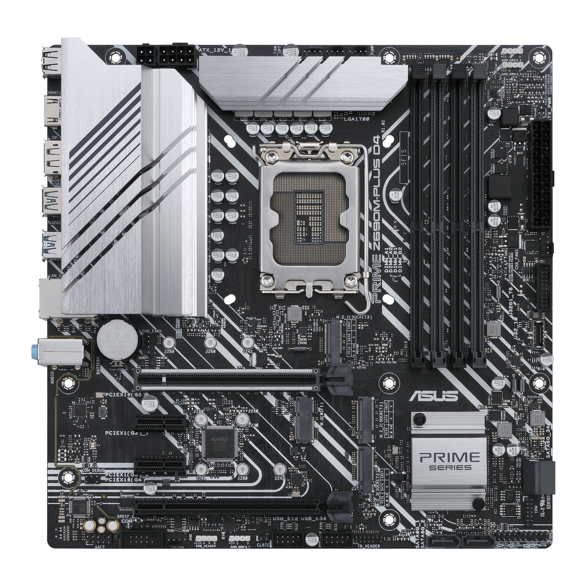 Una scheda madre ASUS PRIME Z690M-PLUS D4 nera e argentata con varie porte e componenti.