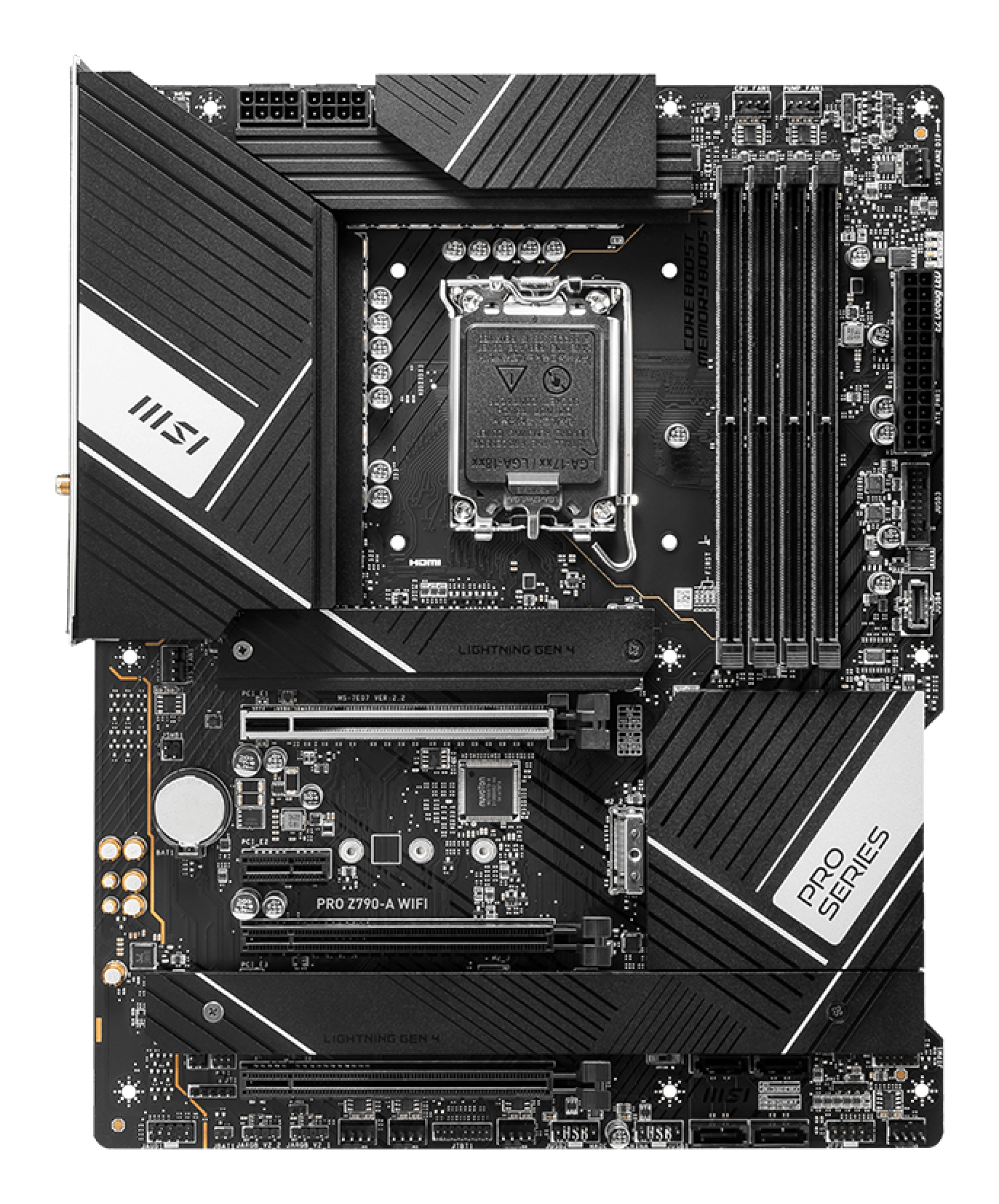 Ein schwarzes MSI Pro Series Z790-A WIFI-Motherboard. Es hat verschiedene Steckplätze, Anschlüsse und das MSI-Logo.