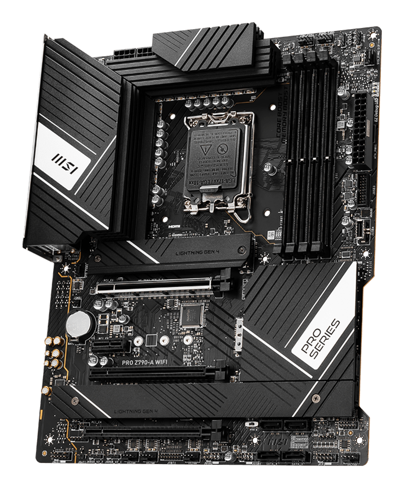 Ein schwarzes und silbernes MSI PRO-Serie-Motherboard. Zu den Merkmalen gehören der LGA-17xx/LGA-18xx-Sockel, Lightning Gen 4 und die Bezeichnung PRO Z790-A WIFI.