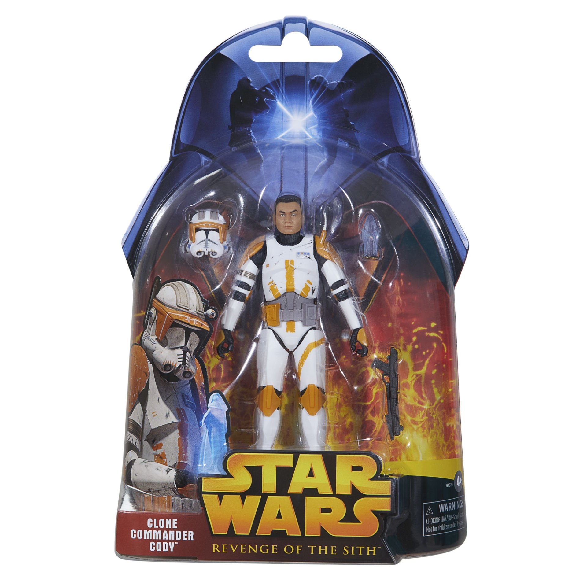Star Wars oyuncağı. Ambalaj içinde Clone Commander Cody aksiyon figürü. Beyaz ve turuncu zırh, kask ve silah.