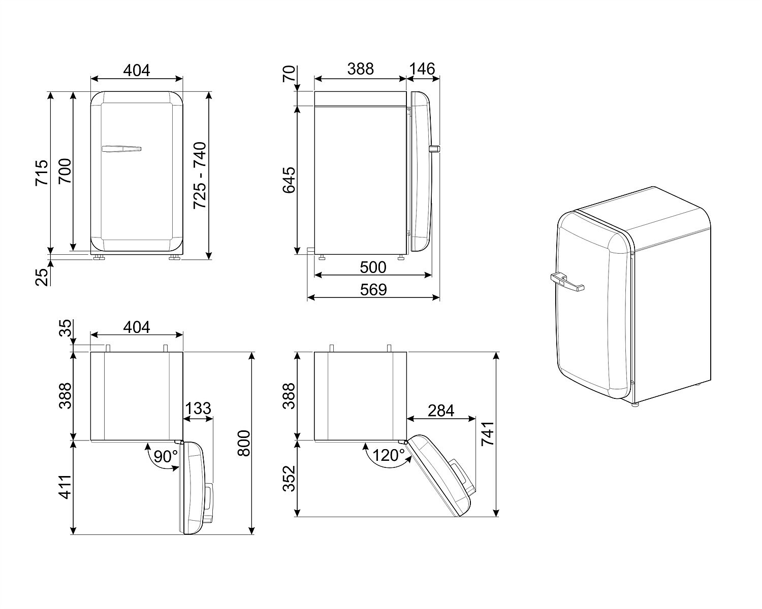 Diagrama de un mini-frigorífico con dimensiones en milímetros. Incluye vistas frontal, lateral, angular y perspectiva isométrica.