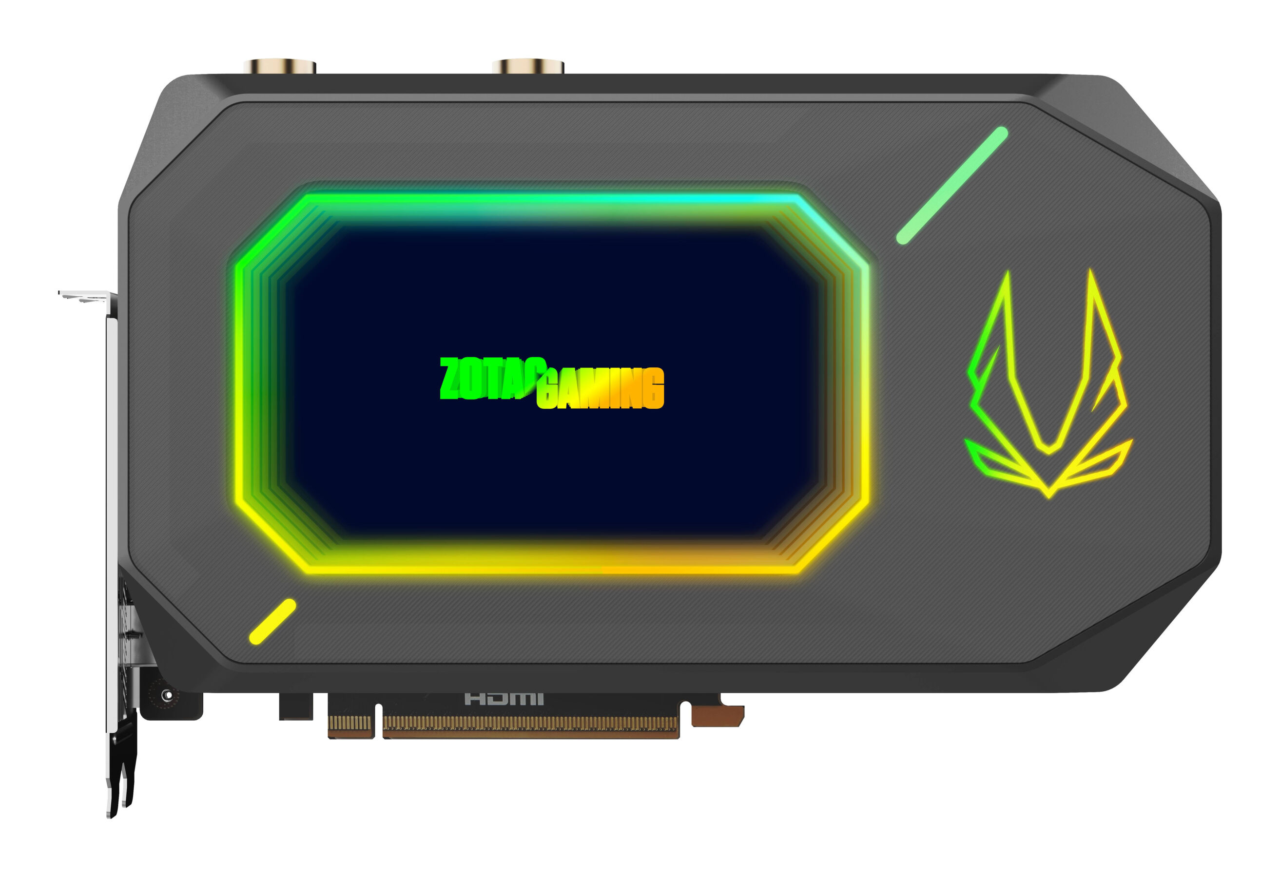 Une carte graphique Zotac Gaming. Elle a un boîtier gris avec des accents verts et jaunes, et le logo est visible. Le nom "ZOTAC GAMING" est également visible.