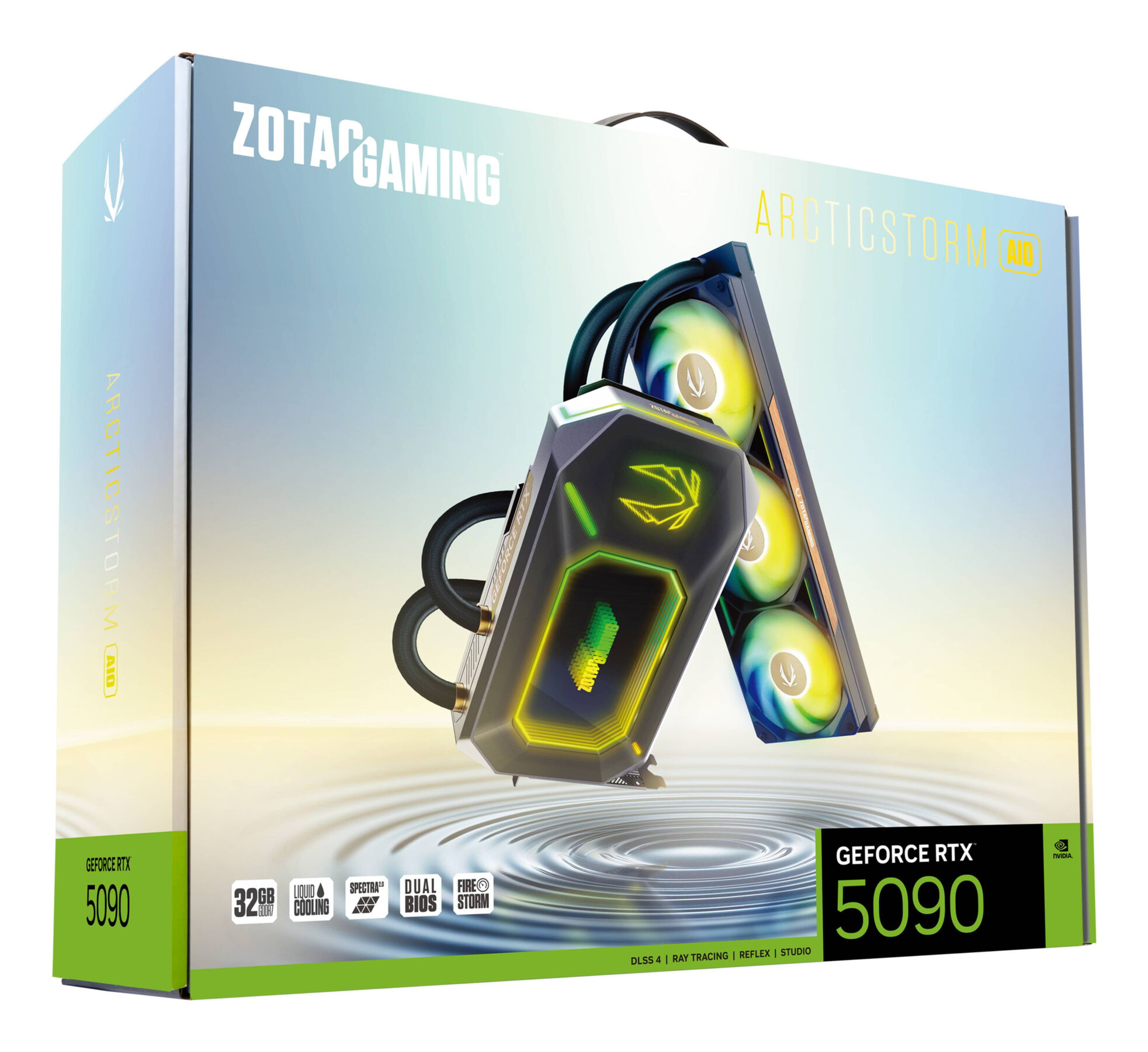 Boîte de ZOTAC GAMING ARCTICSTORM AIO GeForce RTX 5090. Dispose d'un refroidissement liquide et Spectra 2.0. Comprend une carte graphique.
