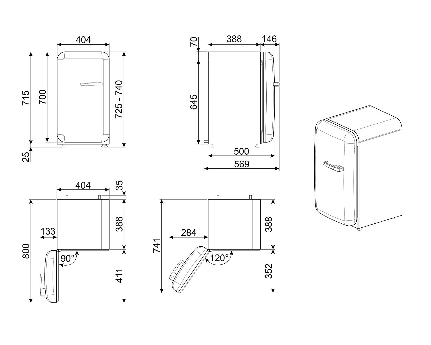 Diagrama de un refrigerador de estilo retro con dimensiones. Muestra diferentes vistas, incluyendo superior, lateral y frontal, con medidas en mm.