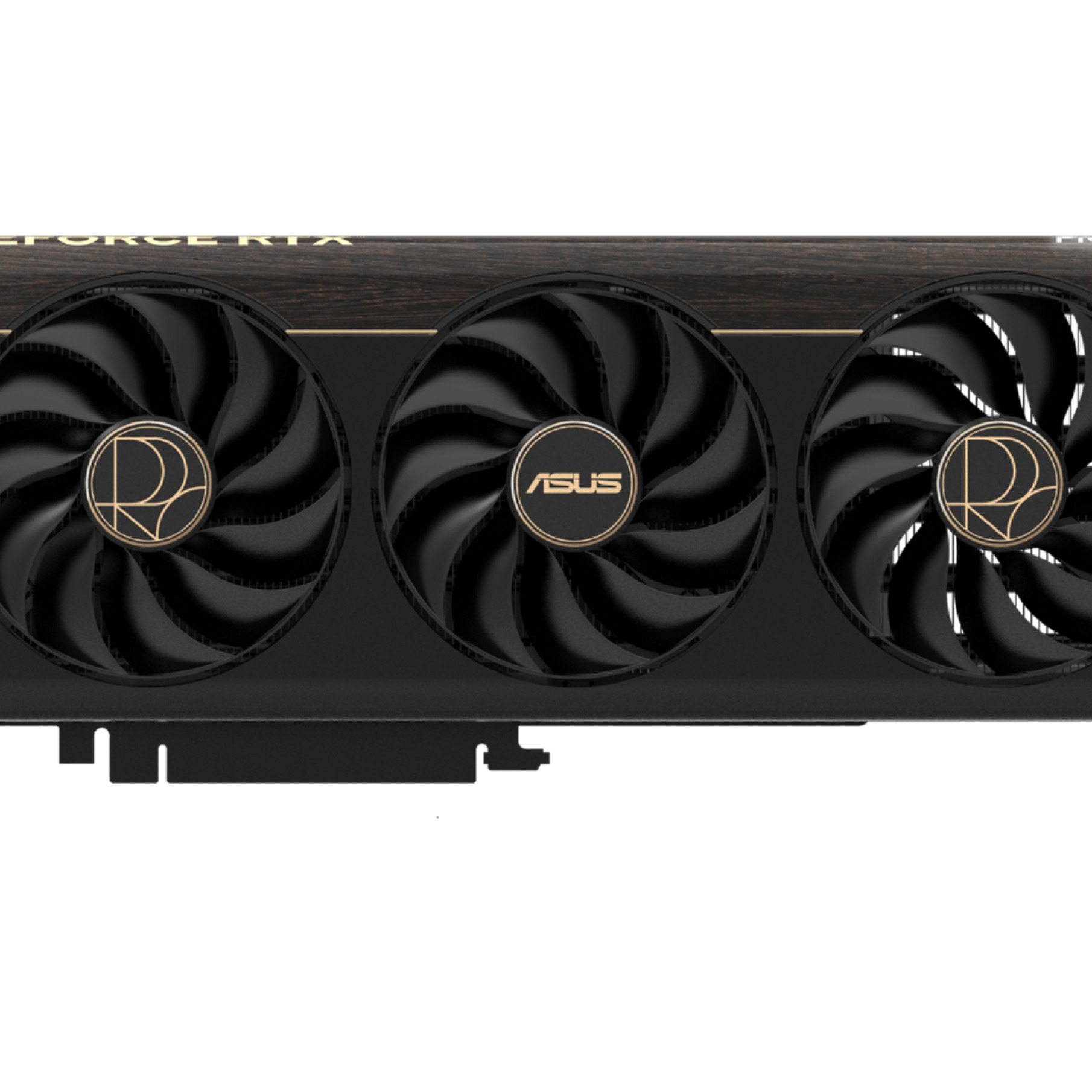 A black and gold graphic card with three fans. The ASUS logo is visible. The background is white.