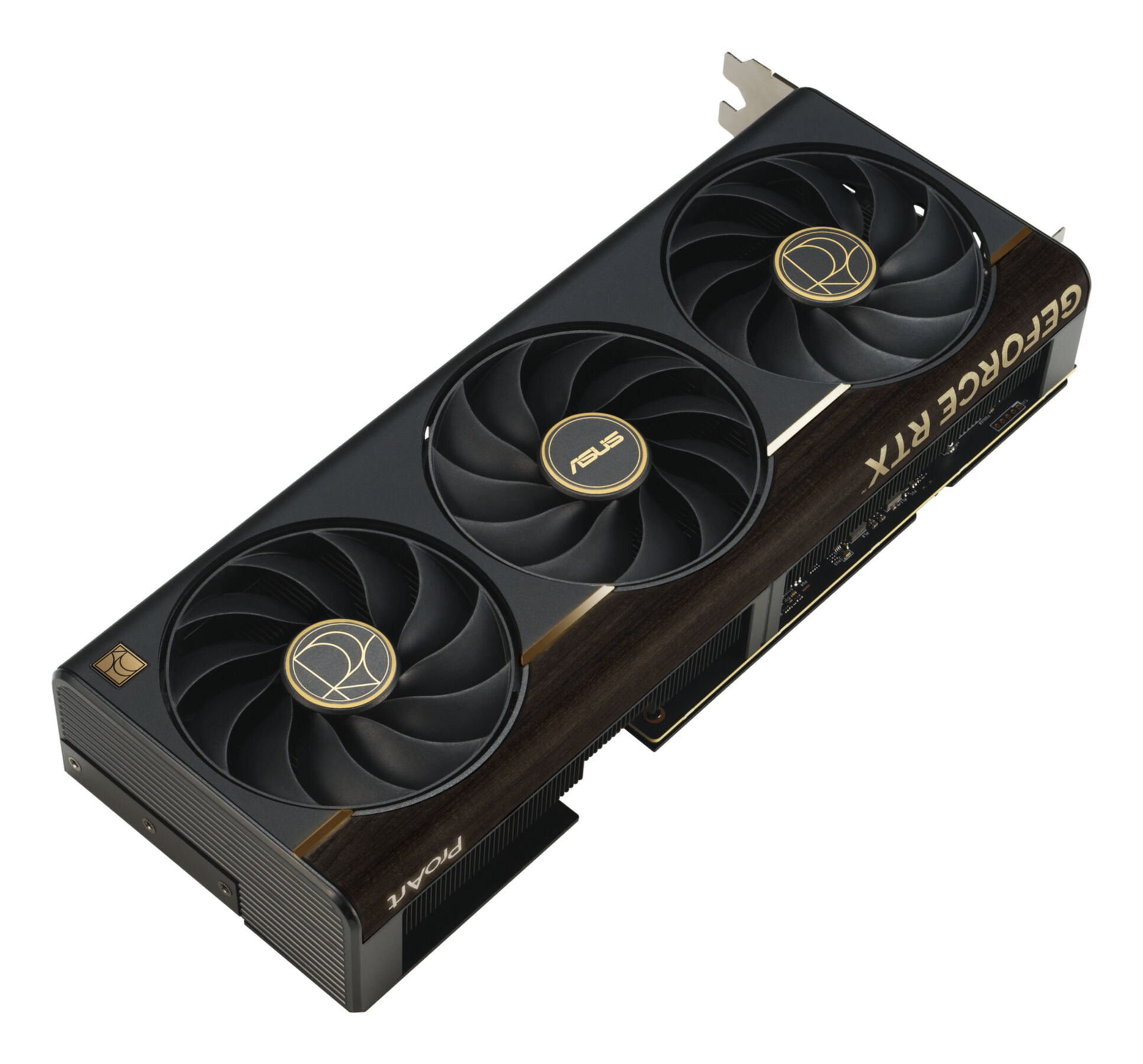 A black and gold graphics card with three fans. The card has a wooden texture with the words "GeForce RTX" on it.