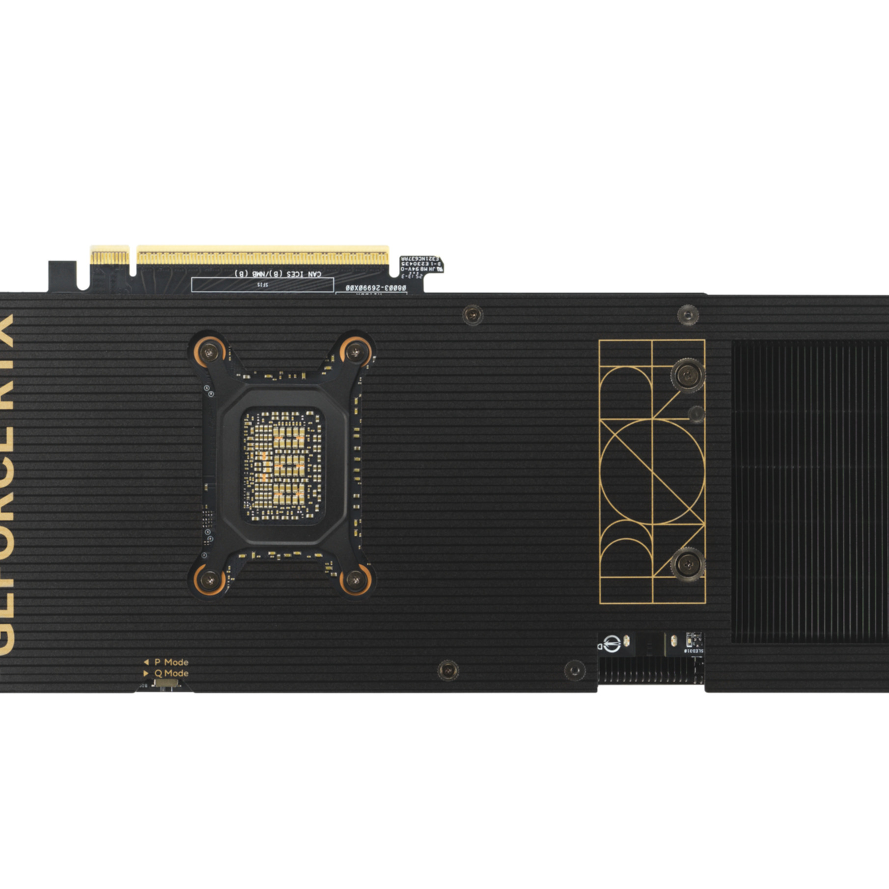 Black graphics card backplate with gold accents. Features a central cooling system, decorative gold lines, and technical markings.