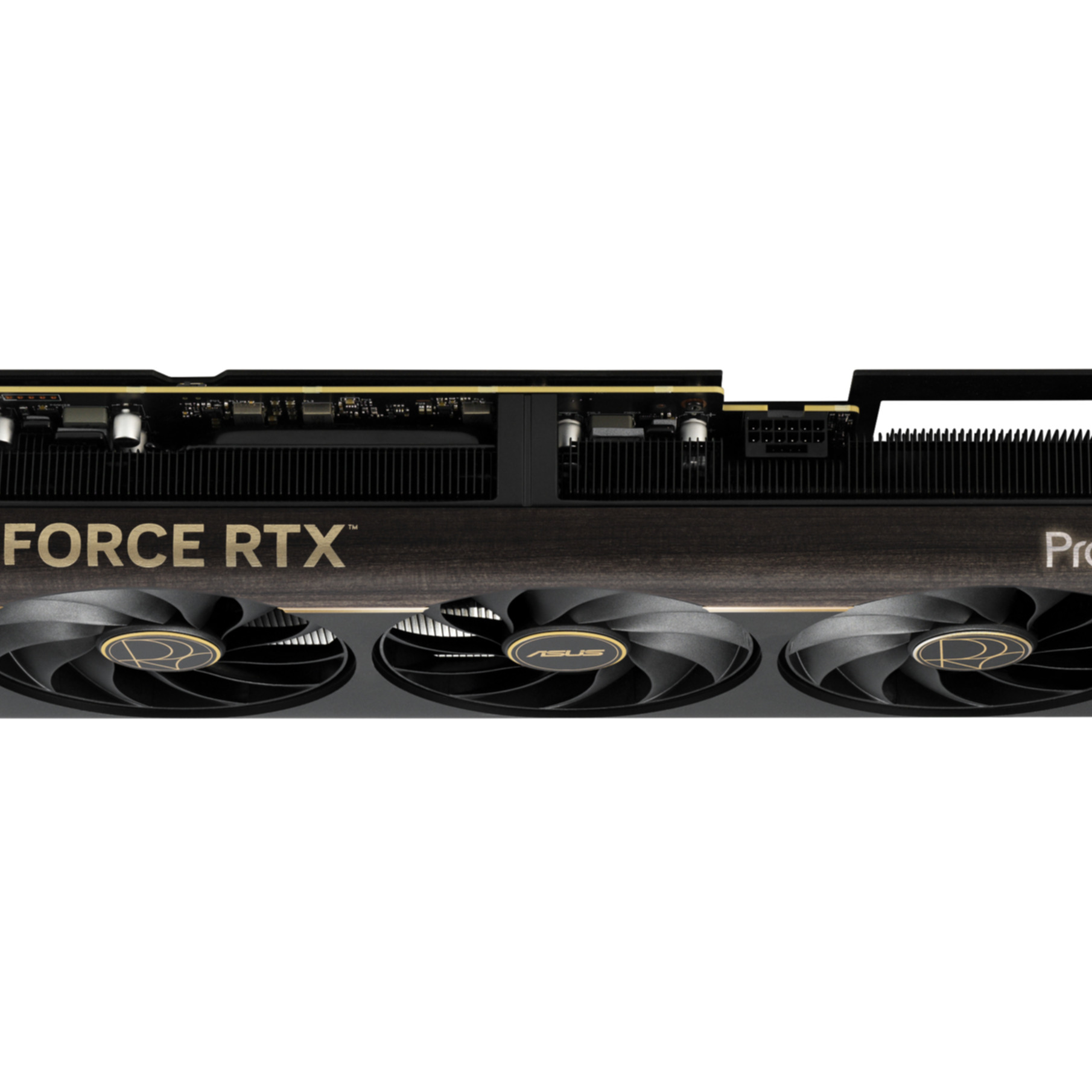A black and gold graphics card with three fans. The text "FORCE RTX" is visible. The ASUS logo is on the fans.