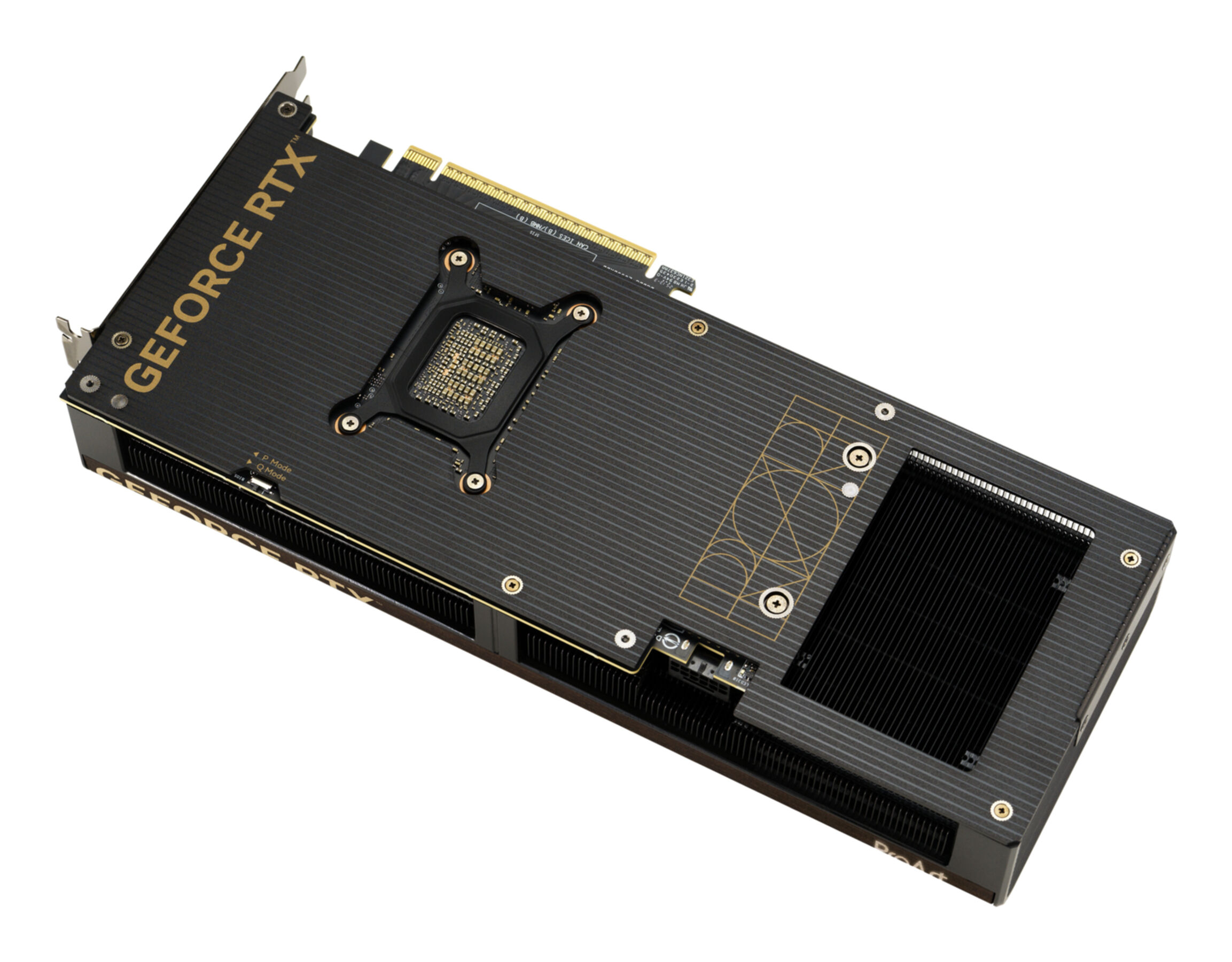 A black and gold GeForce RTX graphics card, angled on a white background. It has a heatsink and various connectors.