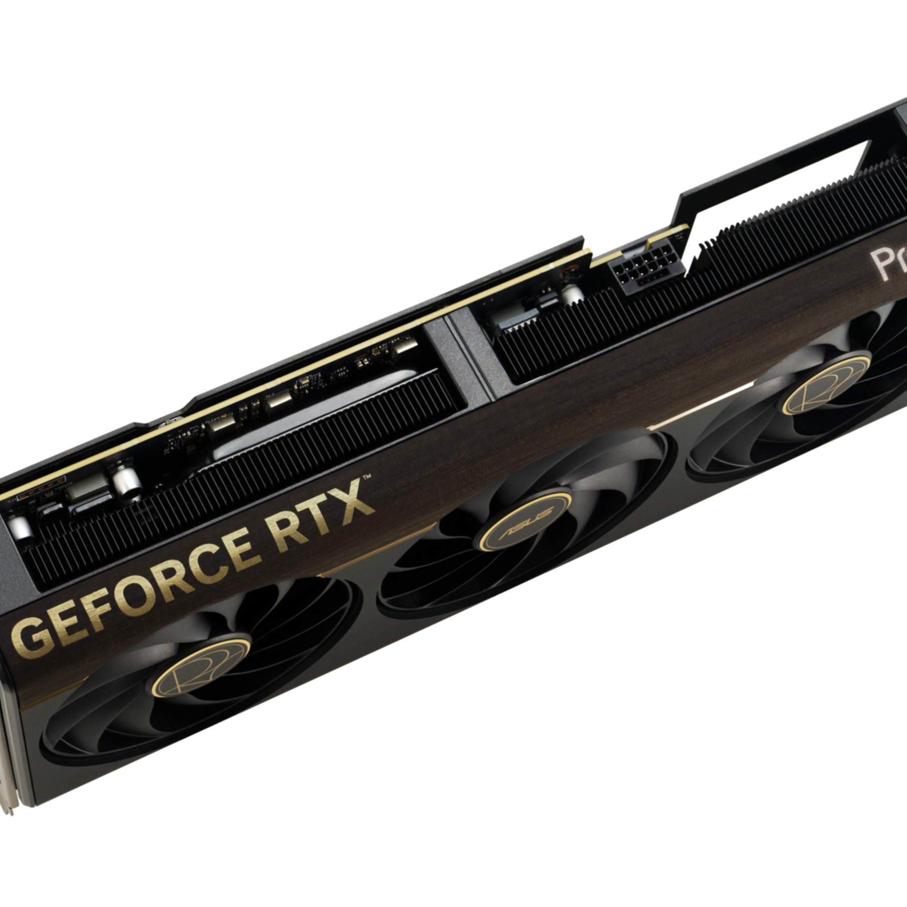 A black and gold GeForce RTX graphics card. It has three fans and a wooden pattern finish. The background is white.