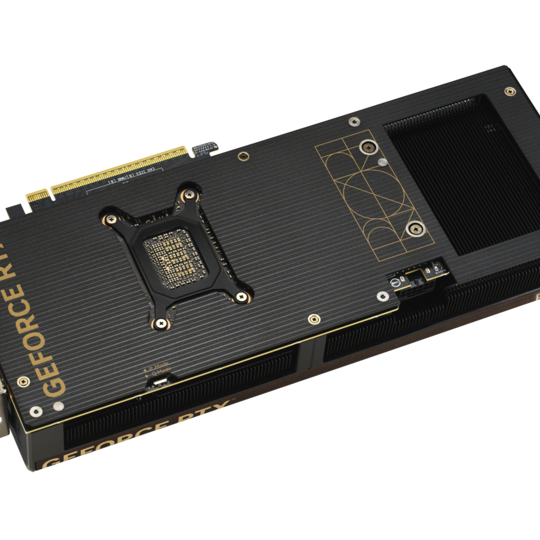 A black and gold graphics card with the text "GEFORCE RTX" visible. It has a complex design and is isolated on a white background.