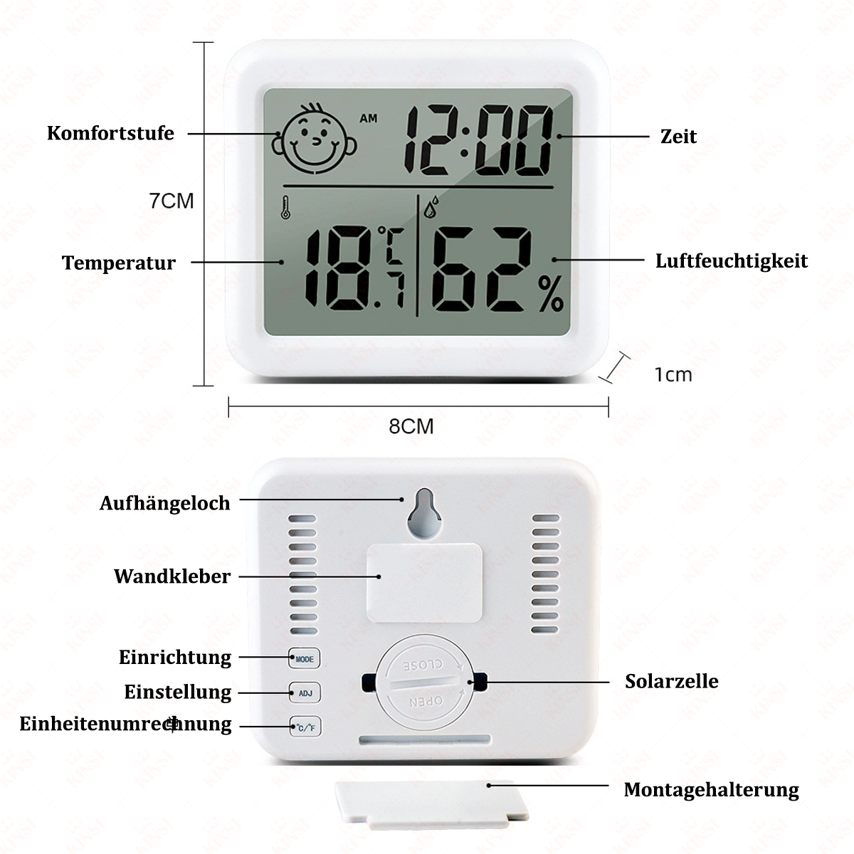 Eine weiße Digitaluhr, die Zeit, Temperatur und Luftfeuchtigkeit anzeigt. Auf der Rückseite befinden sich Knöpfe und ein Solarpanel.