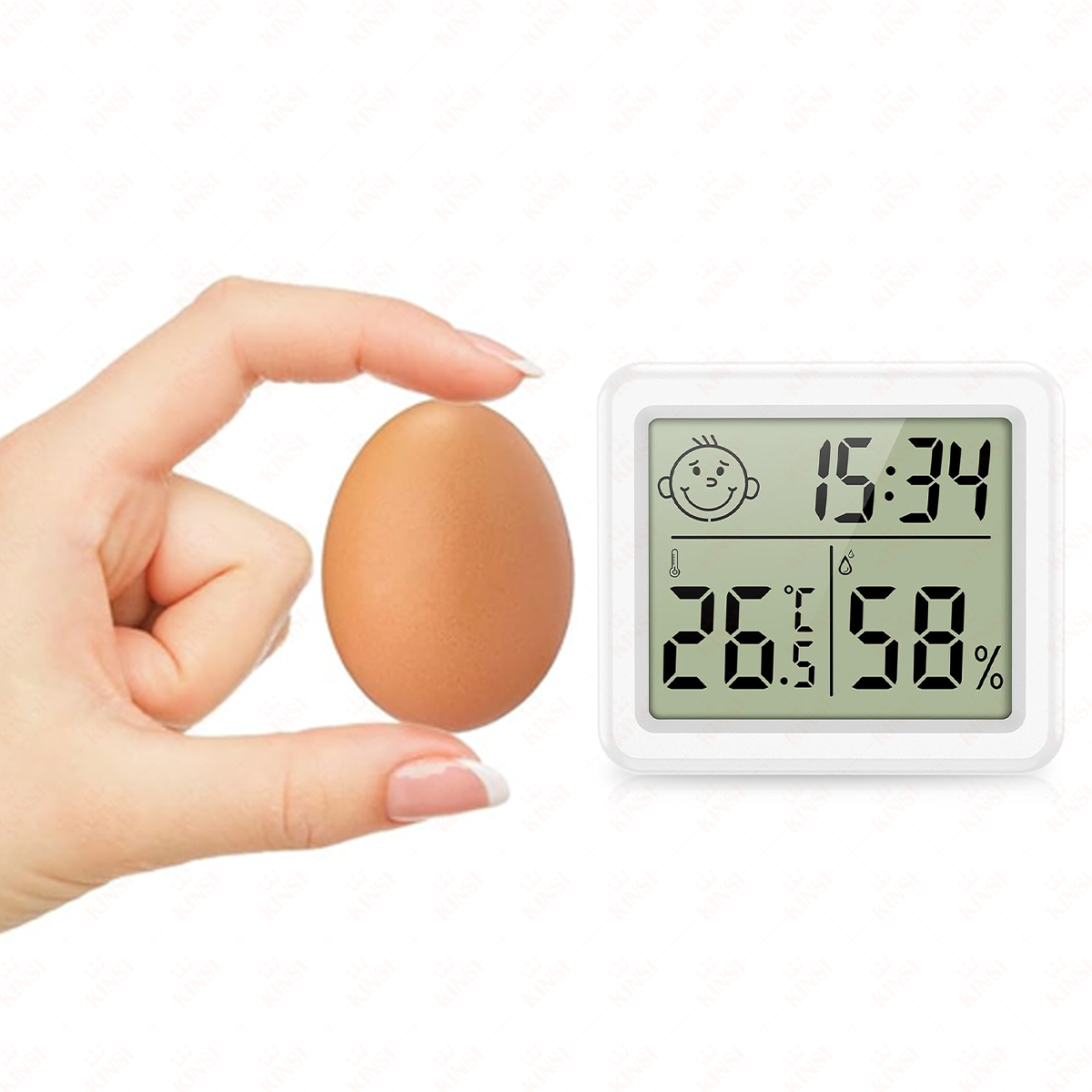 Eine Hand hält ein braunes Ei neben einem Digitalthermometer, das Zeit, Temperatur und Luftfeuchtigkeit anzeigt.