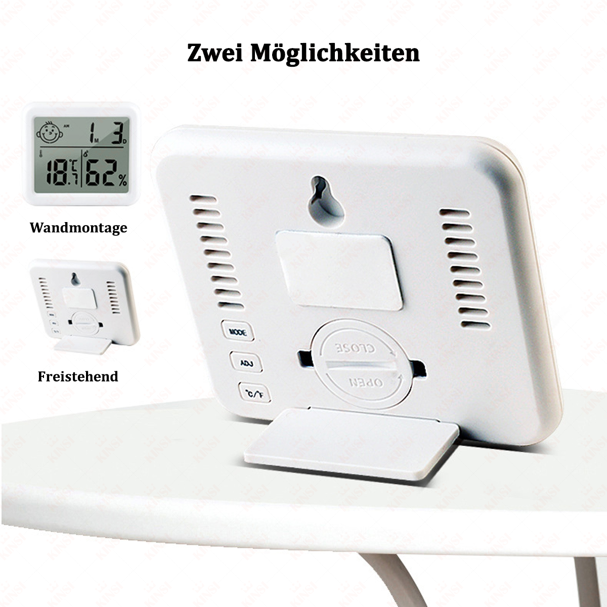 Weißes digitales Thermometer mit Anzeige von Temperatur und Luftfeuchtigkeit. Rückseite zeigt Ständer und Knöpfe.