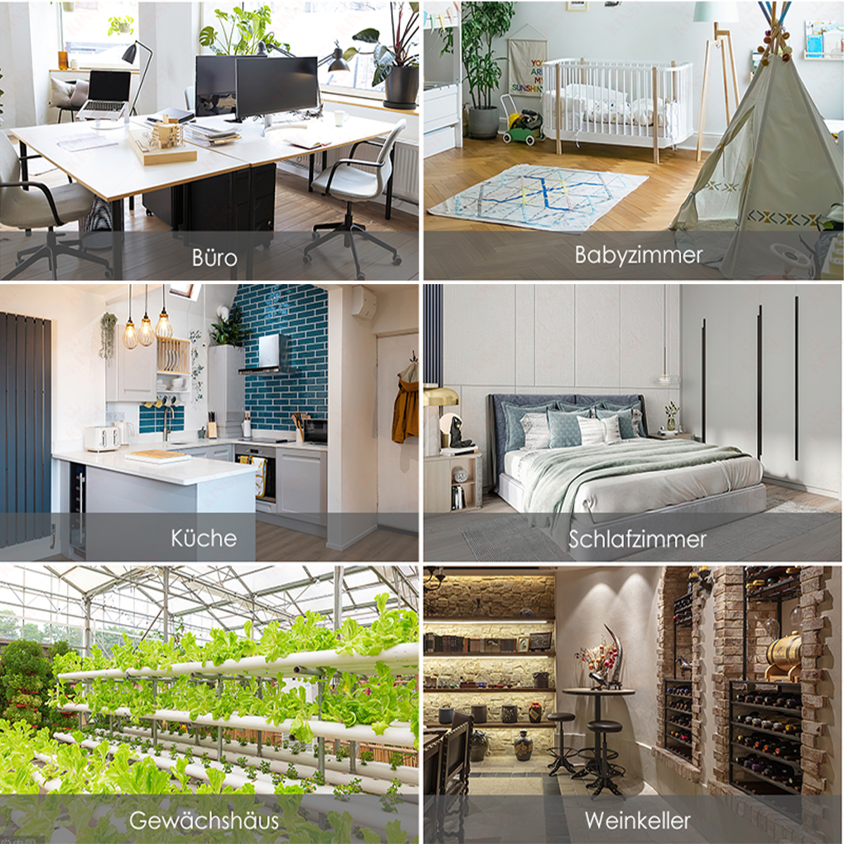 Das Bild zeigt sechs verschiedene Raumszenen: Büro mit Schreibtisch, Babyzimmer mit Krippe, Küche, Schlafzimmer, Gewächshaus und Weinkeller.