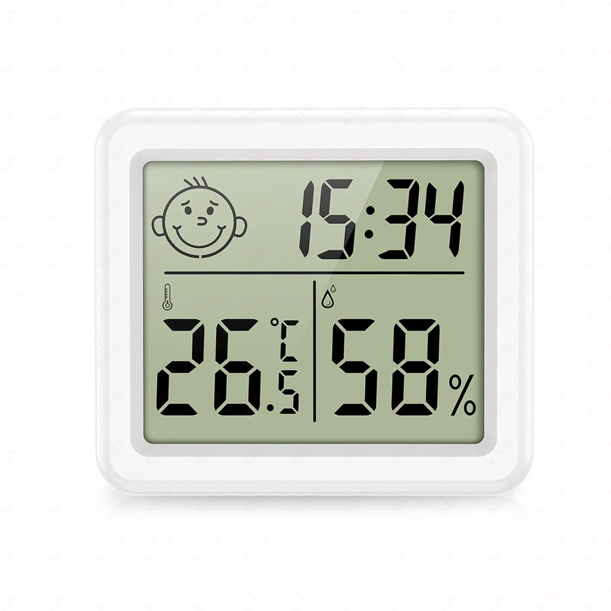 Weißes digitales Thermometer zeigt die Uhrzeit 15:34, Temperatur 26,5°C und Luftfeuchtigkeit 58%. Ein lächelndes Gesicht.