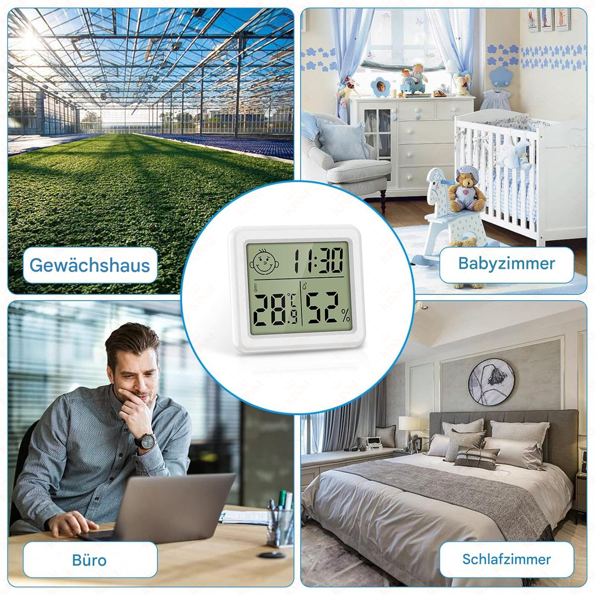 Das Bild zeigt ein Gewächshaus, ein Babyzimmer, ein Büro mit einem Mann und ein Schlafzimmer. In der Mitte ist ein Temperatur-/Feuchtigkeitsmessgerät zu sehen.