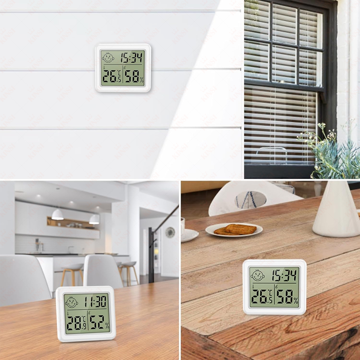 Vier Bilder: ein digitales Thermometer an einer Wand, ein Fenster und zwei auf einem Tisch. Sie zeigen Zeit, Temperatur und Luftfeuchtigkeit.