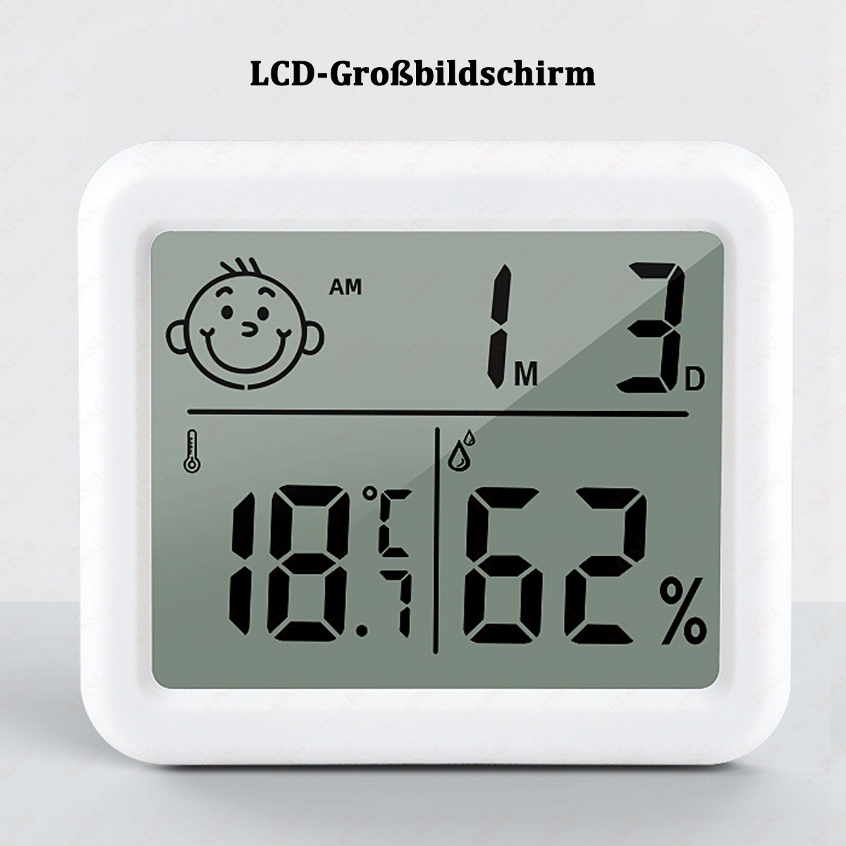 Weißer digitaler Wecker mit Smiley, Zeit 1:30 Uhr, Temperatur 18,7°C und Luftfeuchtigkeit 62%.