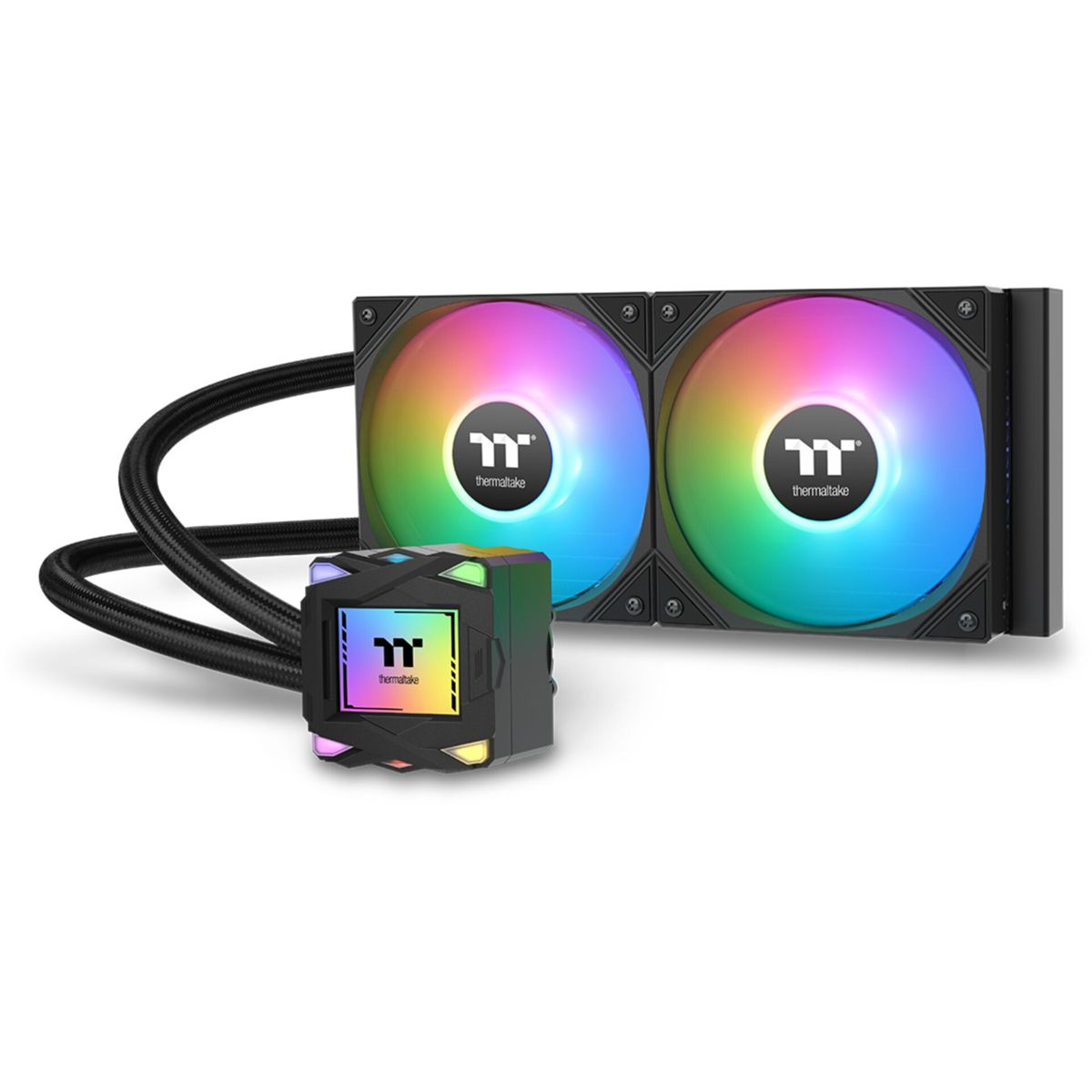 Refroidisseur liquide Thermaltake avec deux ventilateurs, une pompe et des tubes. Les ventilateurs affichent un dégradé arc-en-ciel. La pompe a un petit écran.