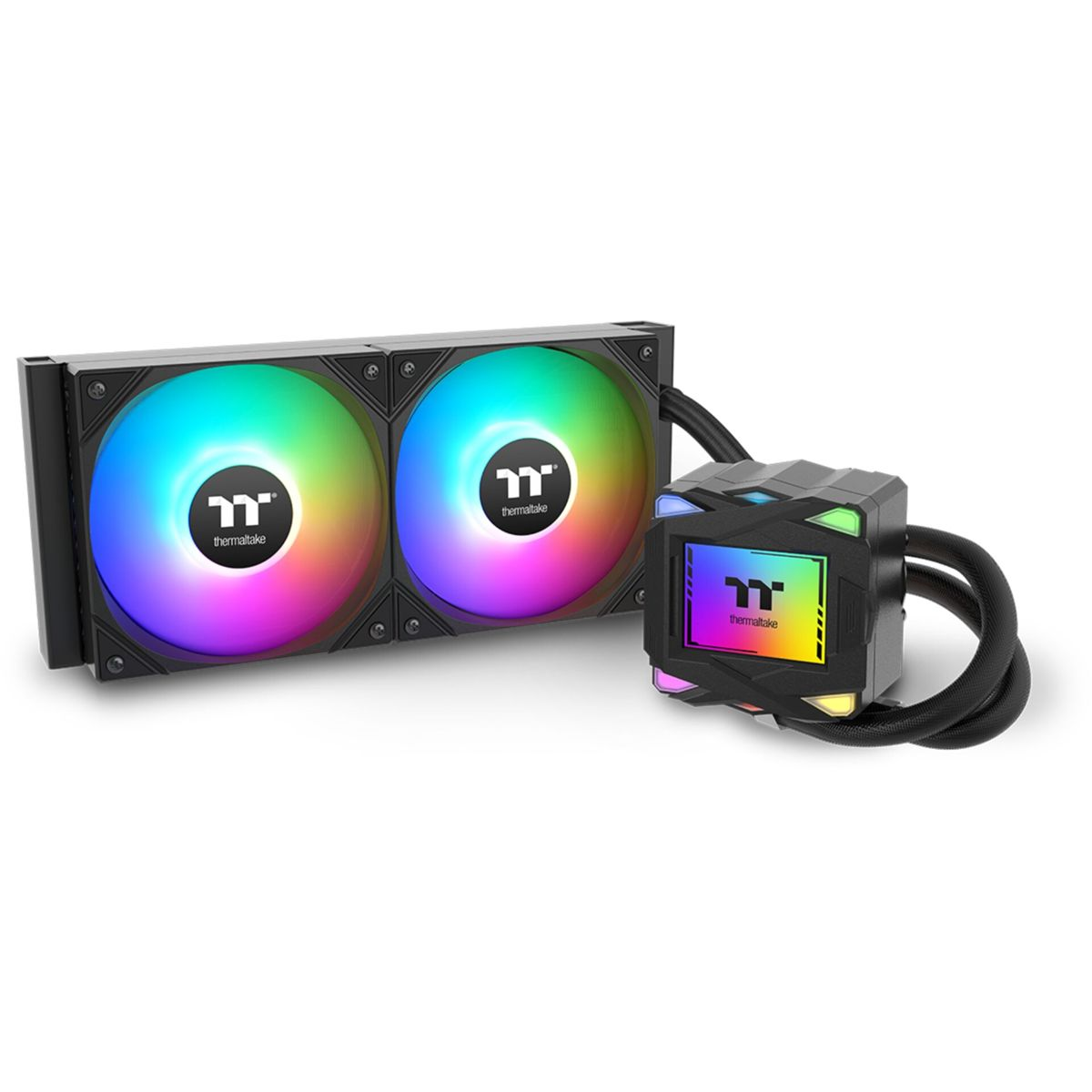Un refroidisseur liquide pour ordinateur avec deux ventilateurs et un bloc, avec éclairage LED arc-en-ciel. Des tubes noirs relient le bloc aux ventilateurs.
