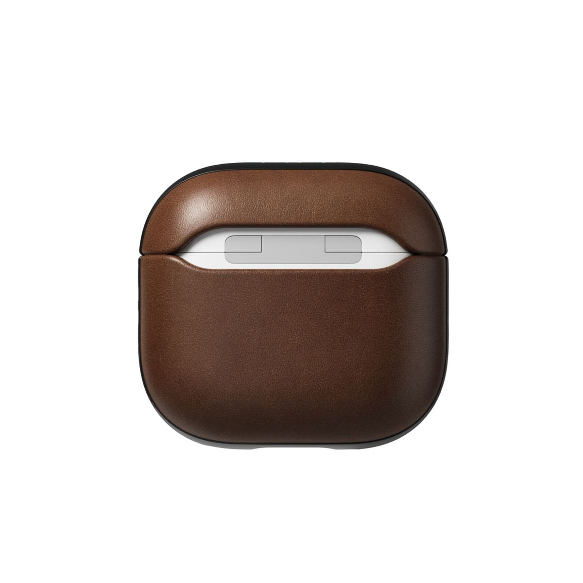 Una custodia AirPods in pelle marrone è centrata. La custodia è aperta, rivelando un interno bianco. Un bordo nero delinea la custodia.