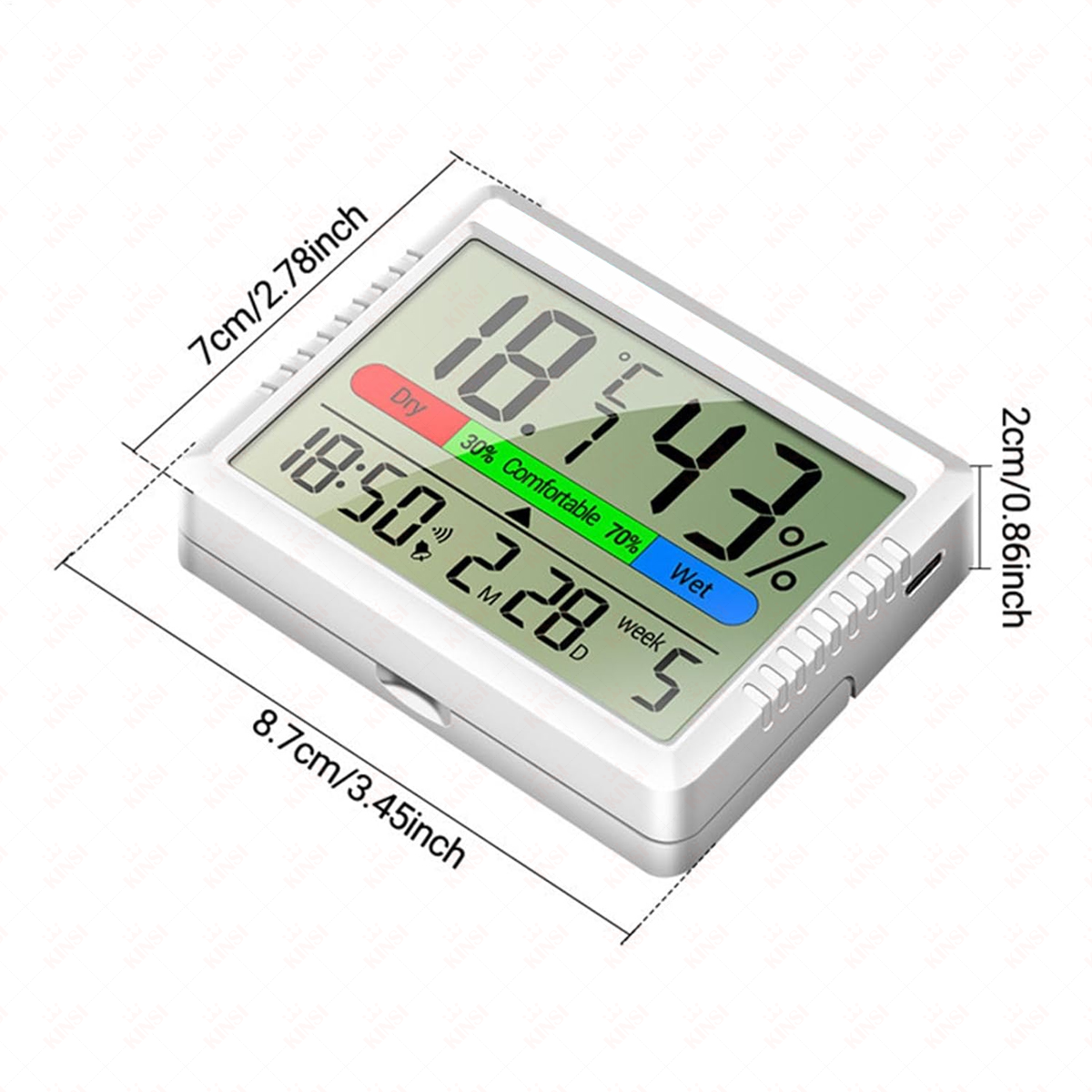 Ein digitales Thermometer zeigt Temperatur, Luftfeuchtigkeit, Uhrzeit und Datum an. Es zeigt 18,9 °C, 43 % Luftfeuchtigkeit, Uhrzeit 18:50 und Datum 2.28.