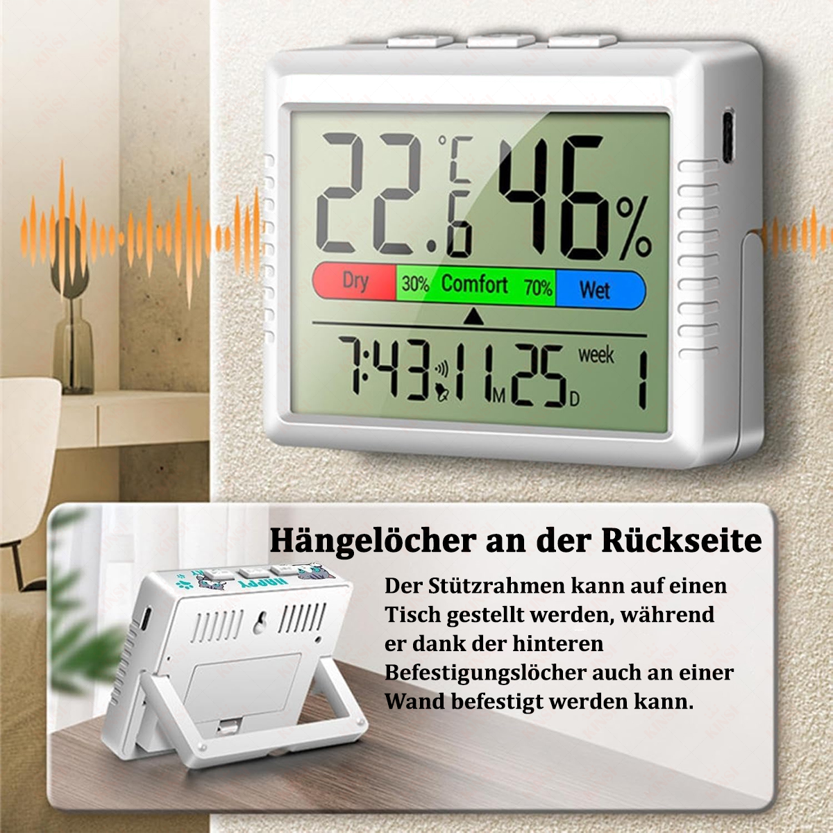 Ein digitales Temperatur- und Feuchtigkeitsmessgerät zeigt 22,6 °C, 46 %, Uhrzeit und Datum an. Es gibt eine Anzeige mit Komfortpegelanzeigen.