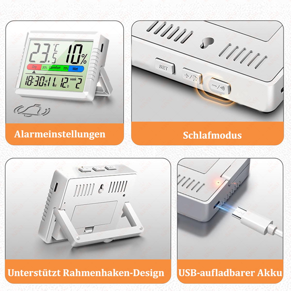 Eine weiße Digitaluhr zeigt Temperatur, Luftfeuchtigkeit und Uhrzeit an. Sie hat einen Ständer und verschiedene Knöpfe. Beschriftungen in orangefarbenen Kästchen beschreiben Funktionen.