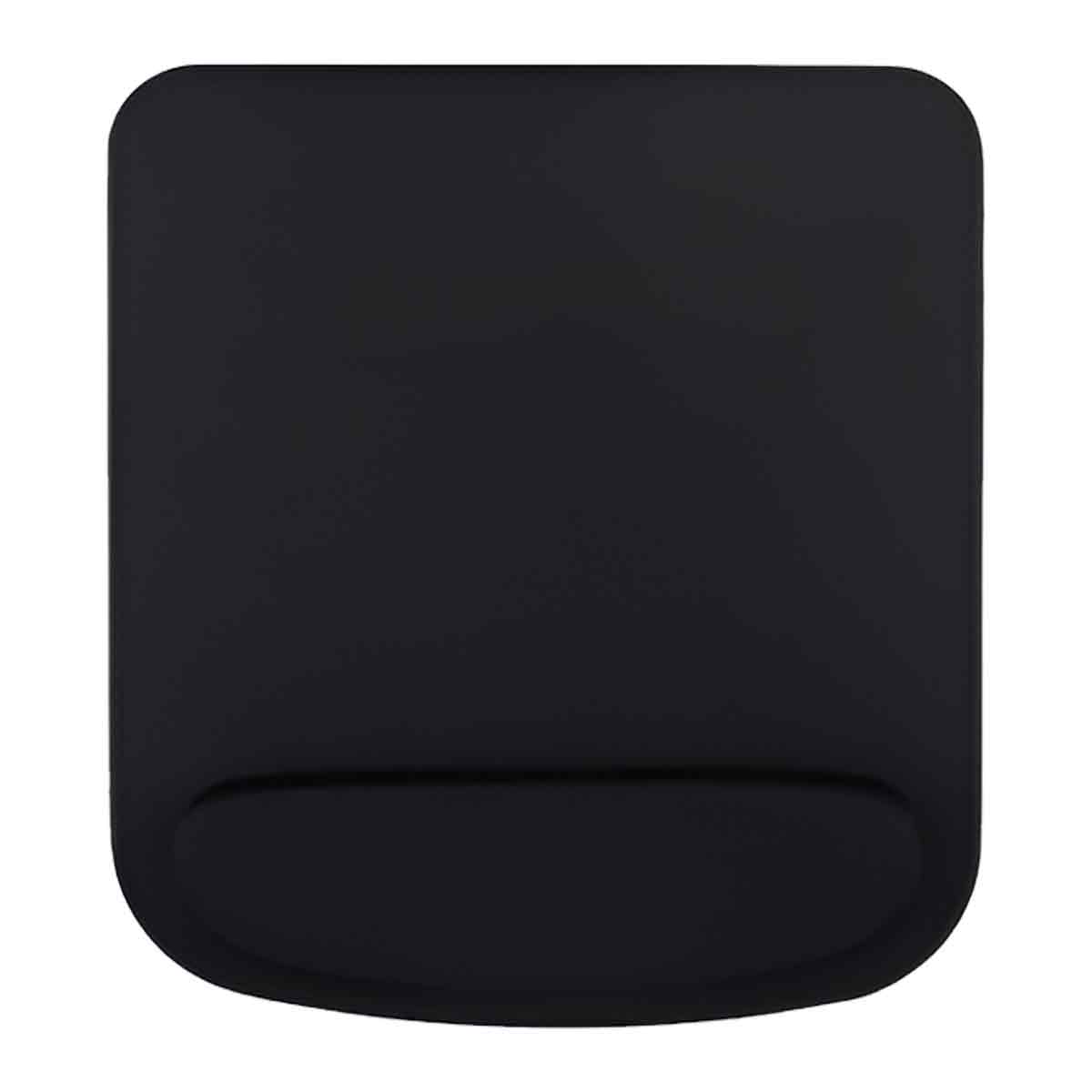 Ein schwarzes Mauspad mit Handgelenkstütze. Das Pad ist rechteckig mit abgerundeten Ecken. Die Handgelenkstütze ist oval geformt.