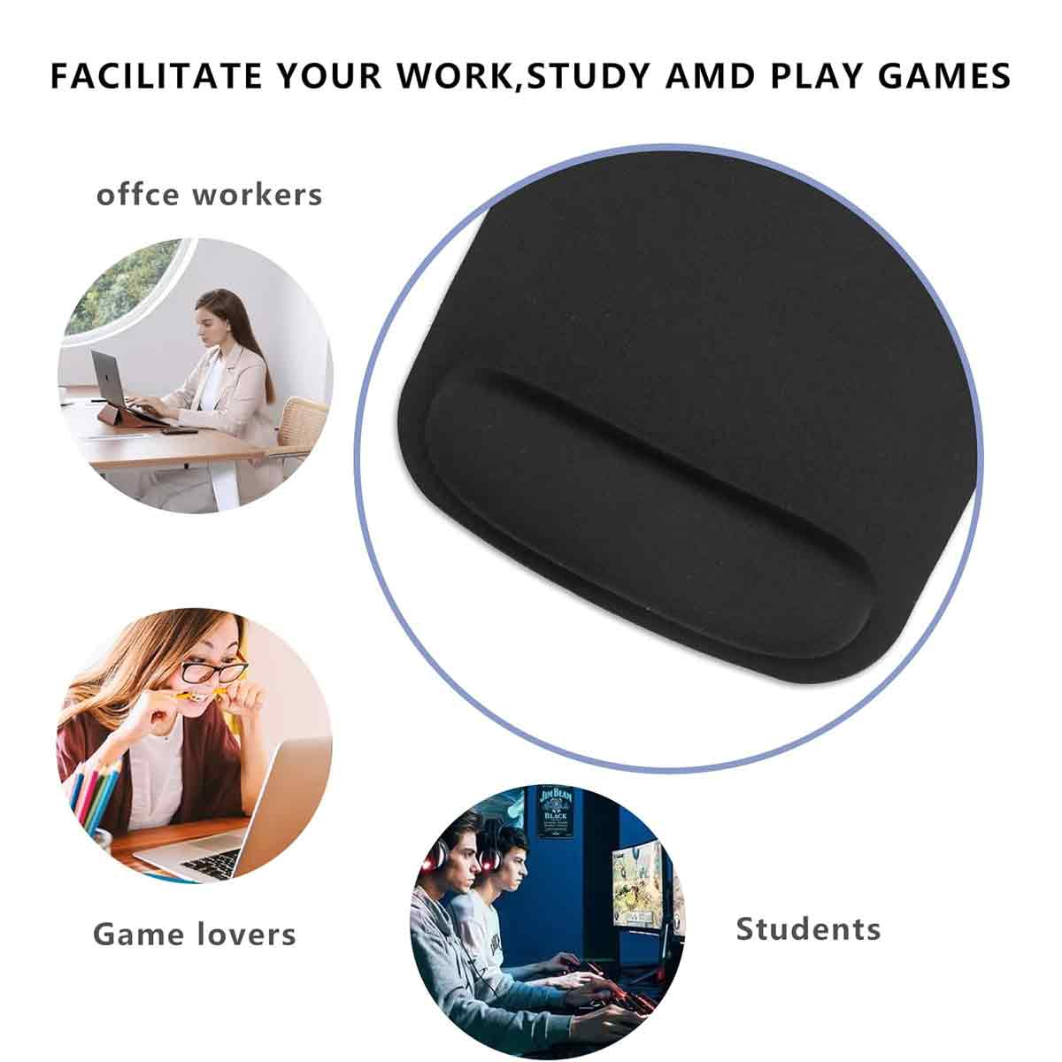 Das Bild zeigt eine schwarze Handgelenkstütze. Es enthält auch kleine Kreise mit Büroangestellten, einem Spieleliebhaber und Studenten, die Computer benutzen.