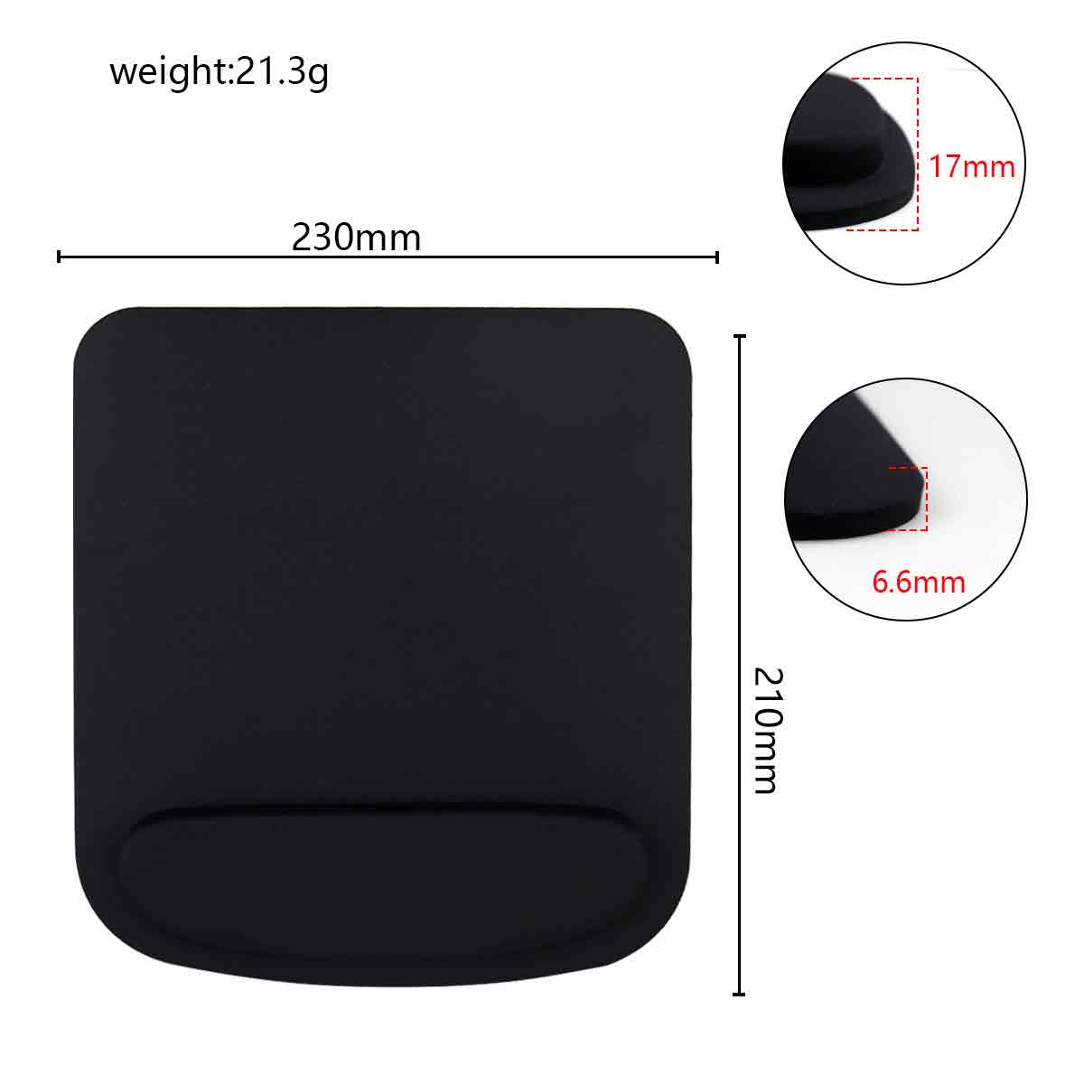 Schwarzes Mauspad mit Handgelenkauflage. Abmessungen mit Messungen: 230mm x 210mm x 17mm x 6,6mm. Gewicht 21,3g.