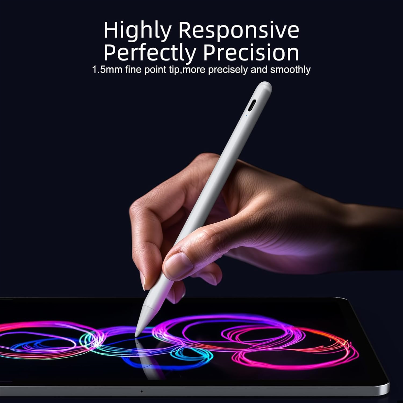 Eine Hand hält einen weißen Stift über einem Tablet, das bunte Linien anzeigt. Oben steht 'Highly Responsive'.