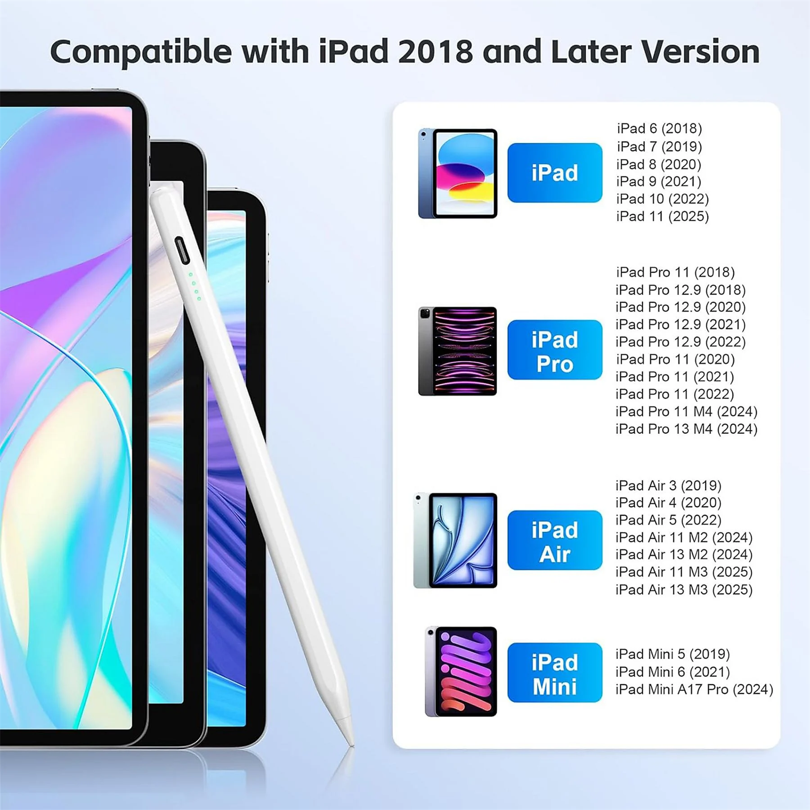 Das Bild zeigt einen weißen Stift und iPads mit einer Kompatibilitätsliste. iPads, iPad Pro, iPad Air und iPad Mini sind aufgeführt.
