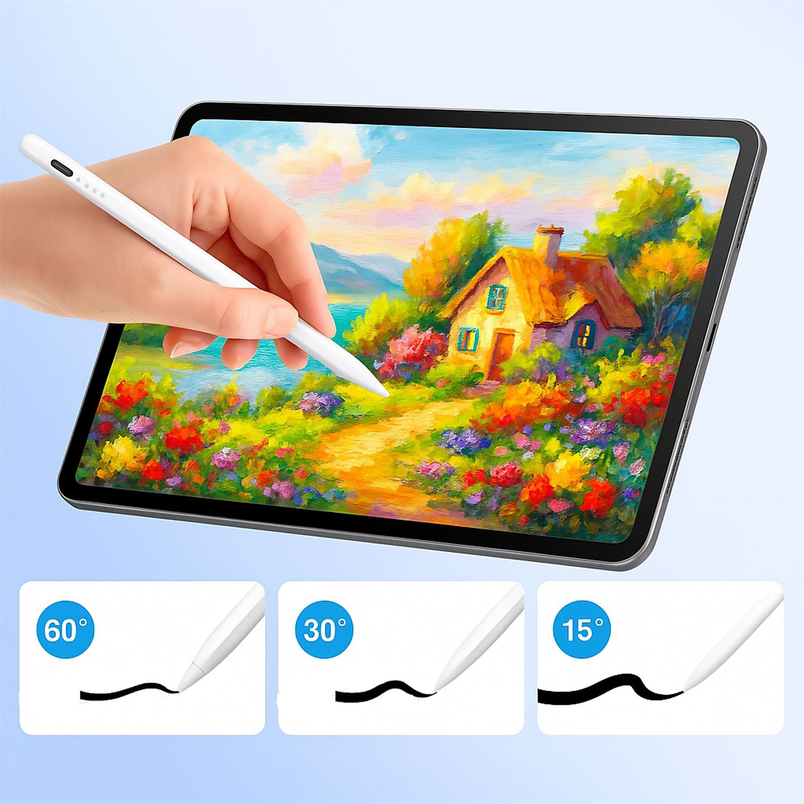 Eine Hand hält einen weißen Stift über einem Tablet, das ein farbenfrohes Hausgemälde zeigt. Darunter zeigen Diagramme Strichwinkel.