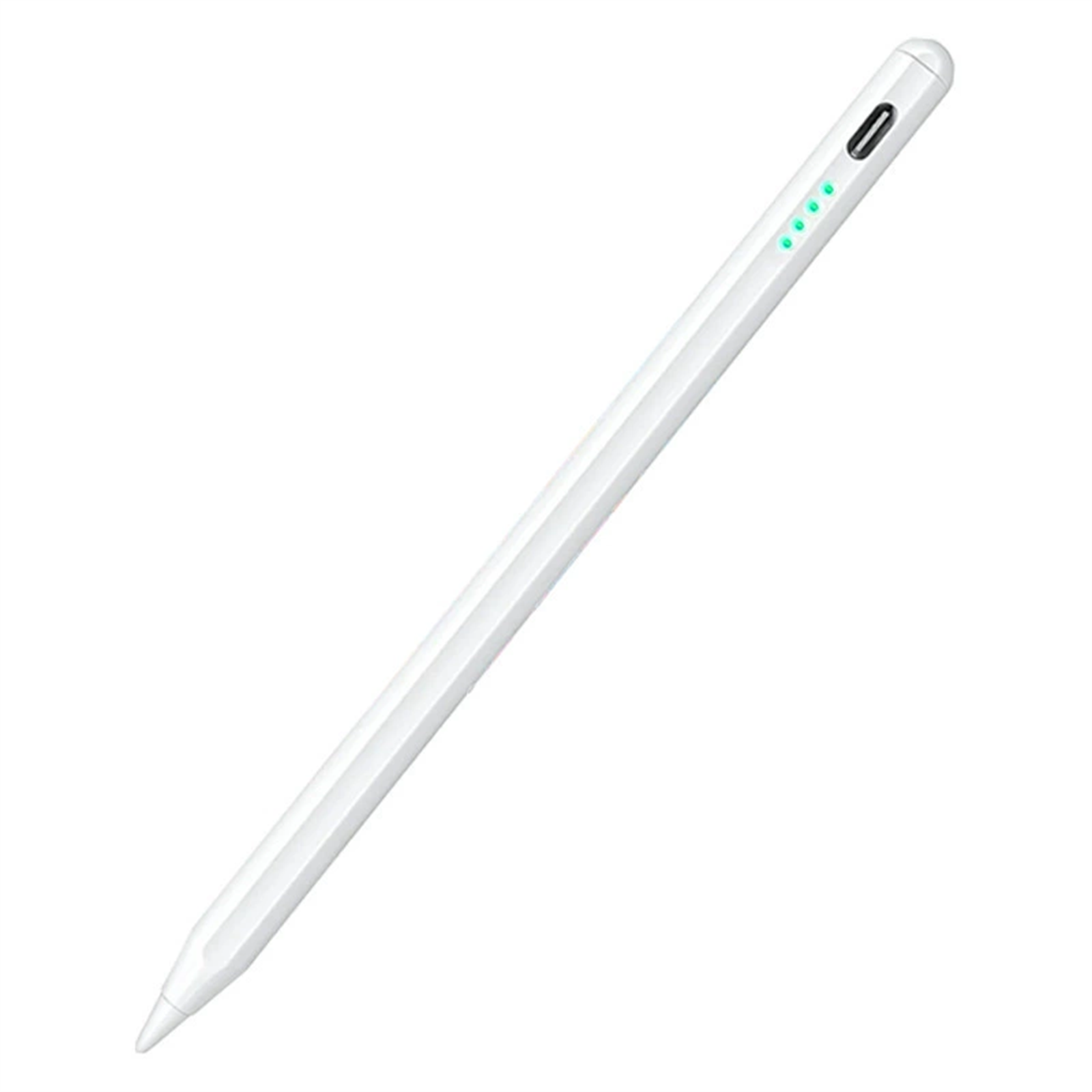 Ein weißer Stift mit einer Spitze und einer Betriebsanzeige. Er ist vor weißem Hintergrund abgewinkelt.