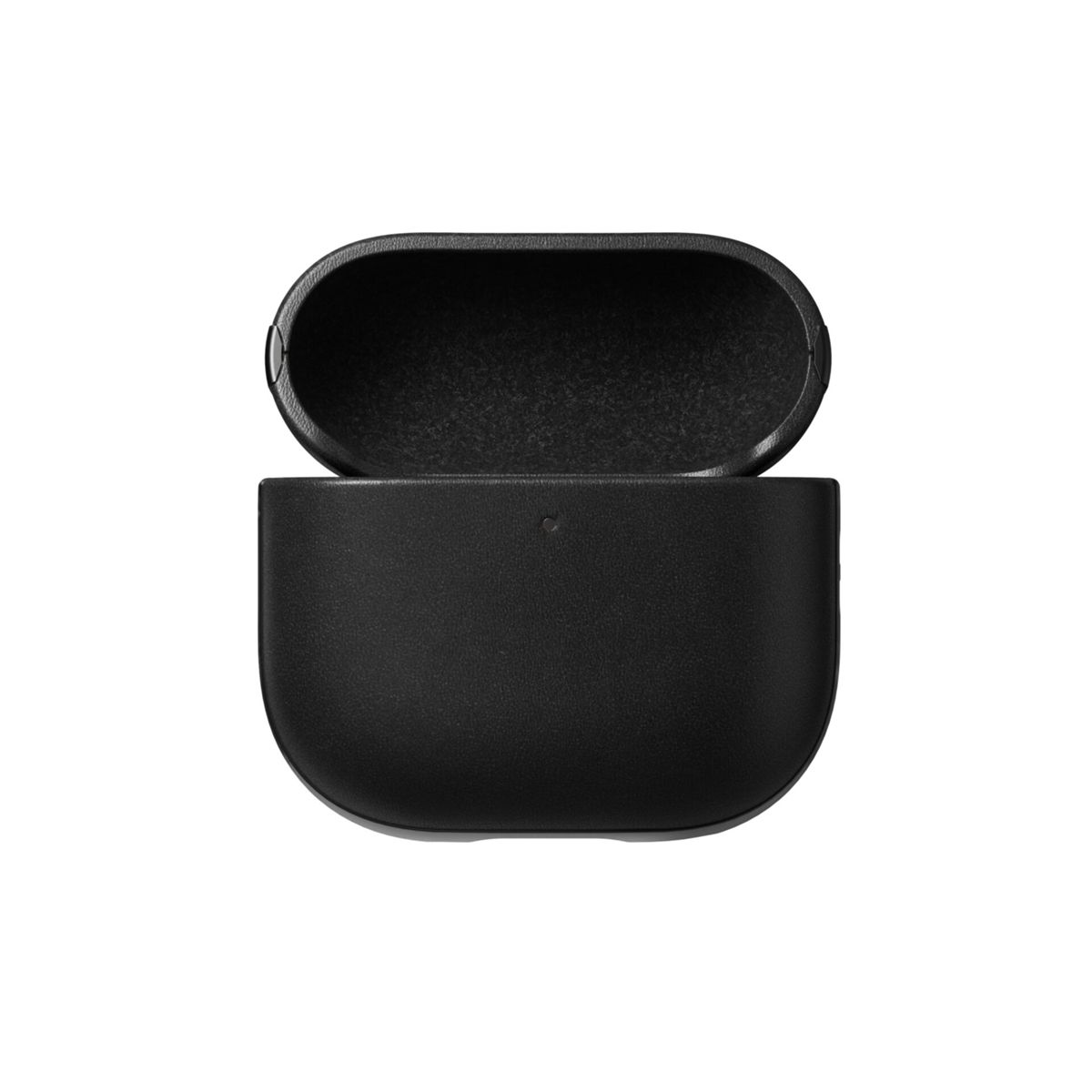 Custodia nera aperta per AirPods su sfondo bianco. La custodia è aperta, rivelando l'interno. Design semplice e pulito.