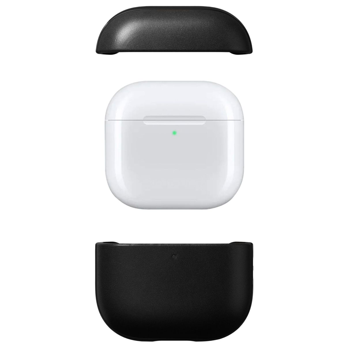Custodia bianca per auricolari con coperture superiore e inferiore nere, tutte separate. Luce verde visibile sulla custodia.