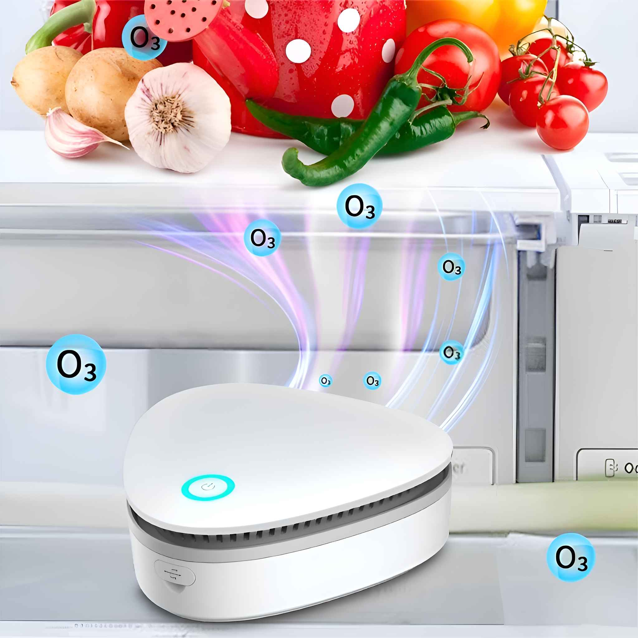 Ein weißer Luftreiniger mit O3-Symbolen, Gemüse und Früchten oben drauf.