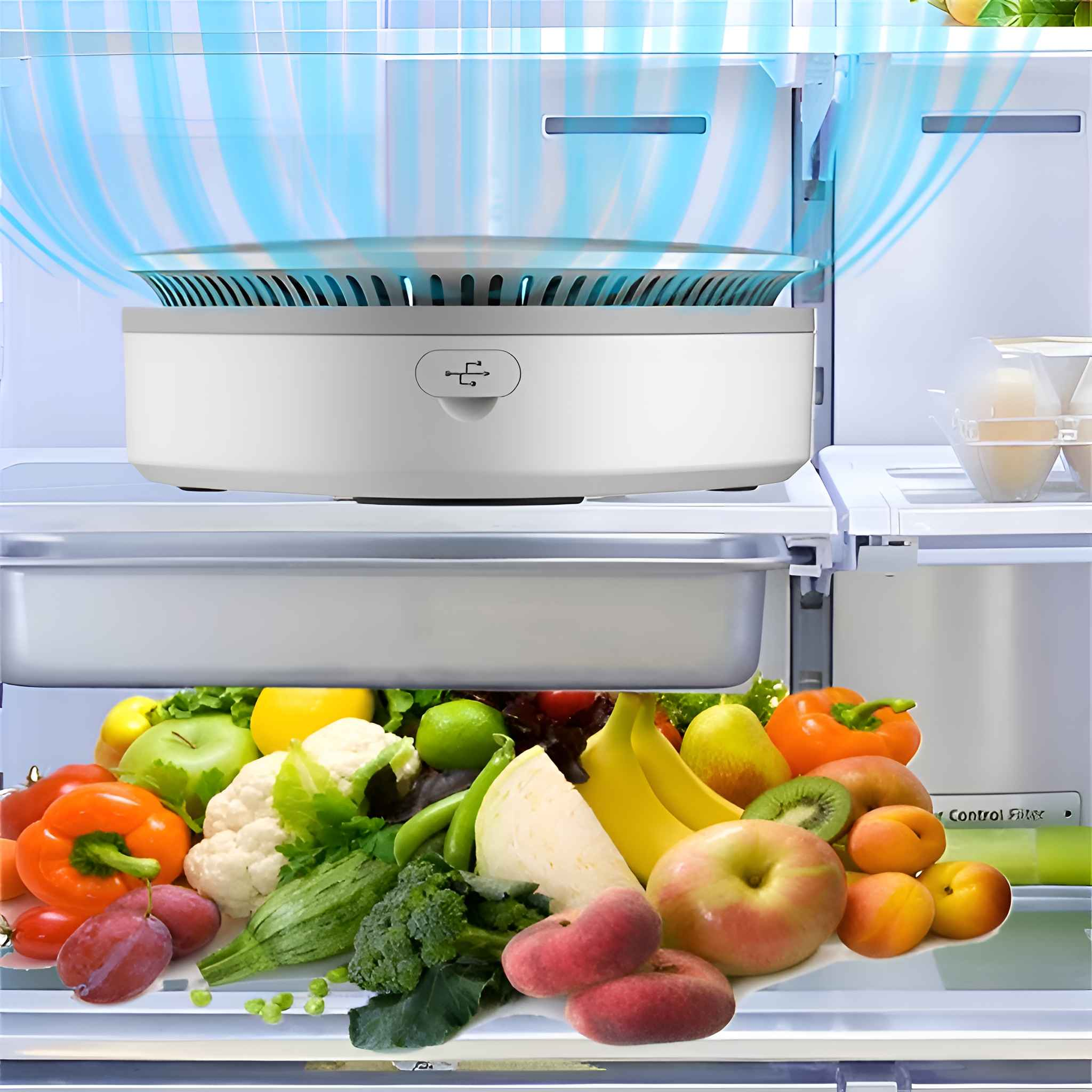 In einem Kühlschrank befindet sich ein weißes Gerät über einem Regal mit Obst und Gemüse. Blaue Luft umströmt es.