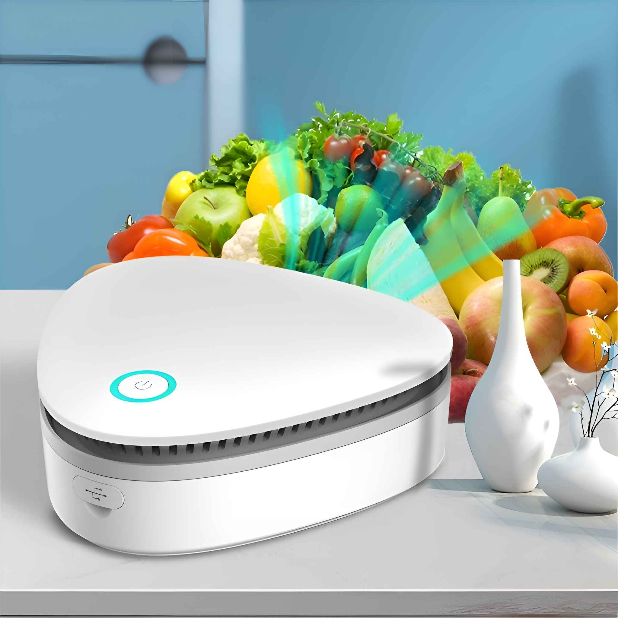 Weißer Luftreiniger mit Obst und Gemüse. Weiße Vasen und ein blauer Hintergrund. Der Luftreiniger hat einen Einschaltknopf.